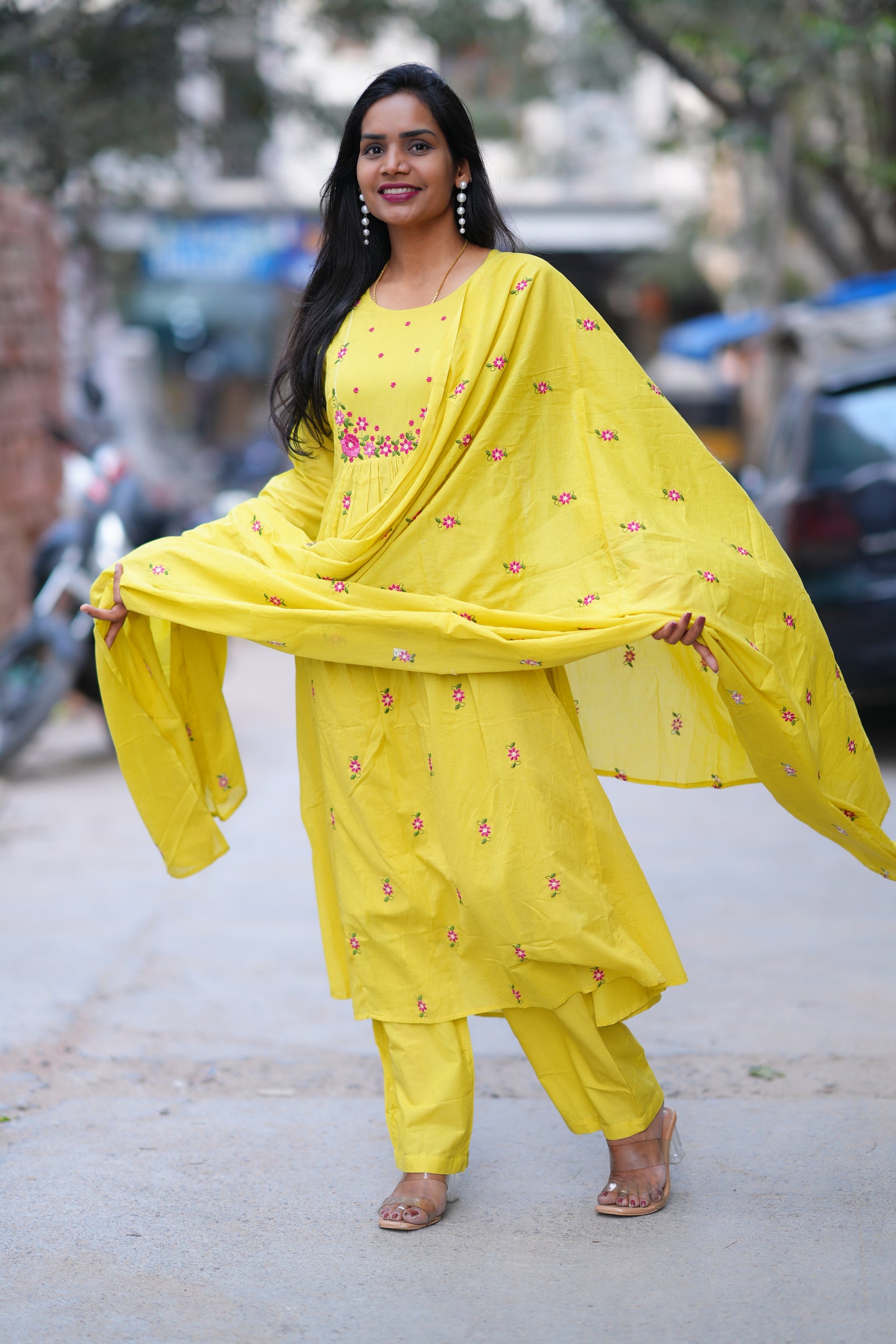 Yellow Color Mul Cotton 3 Piece Set With Embroidery Work and Complete Lining