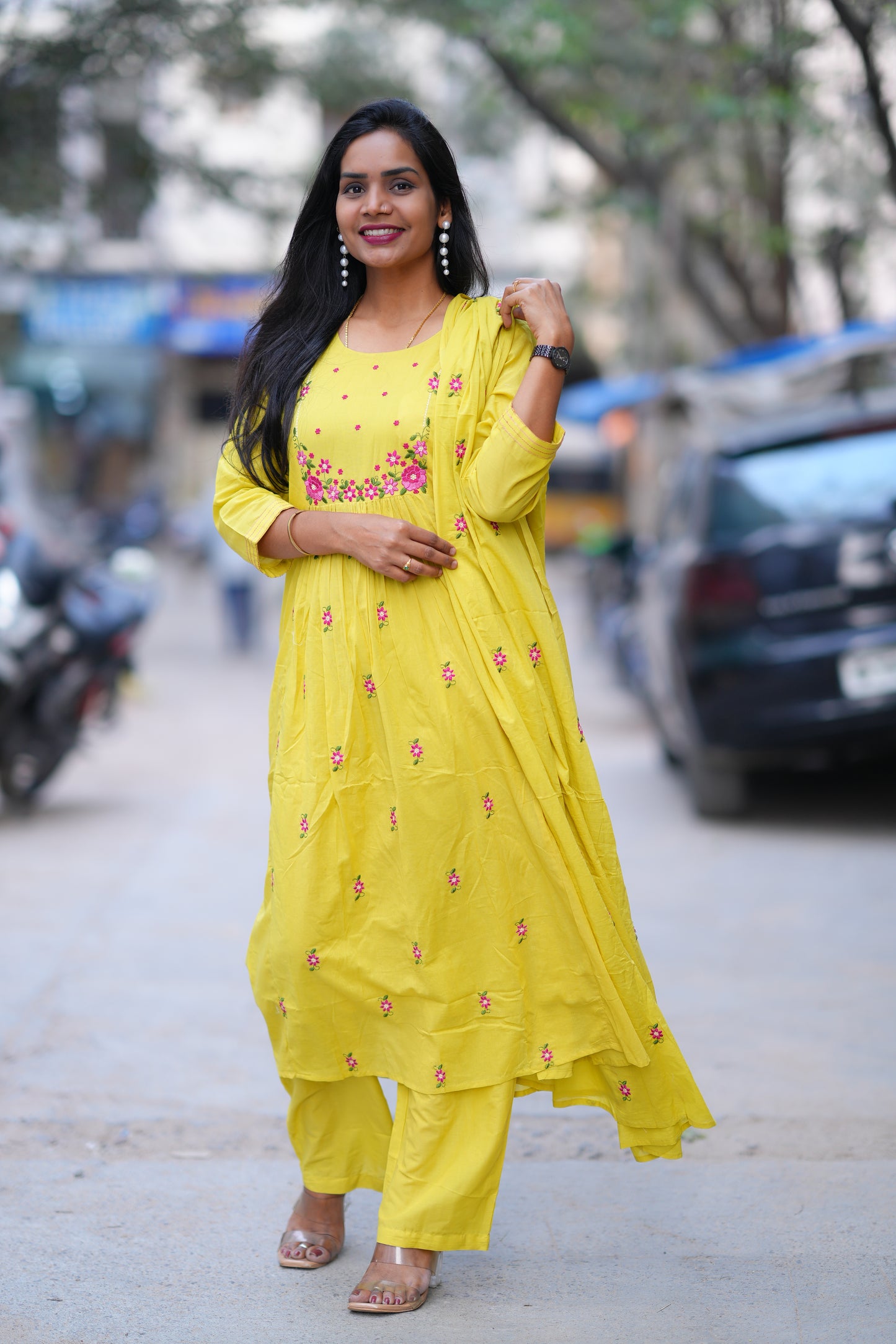 Yellow Color Mul Cotton 3 Piece Set With Embroidery Work and Complete Lining