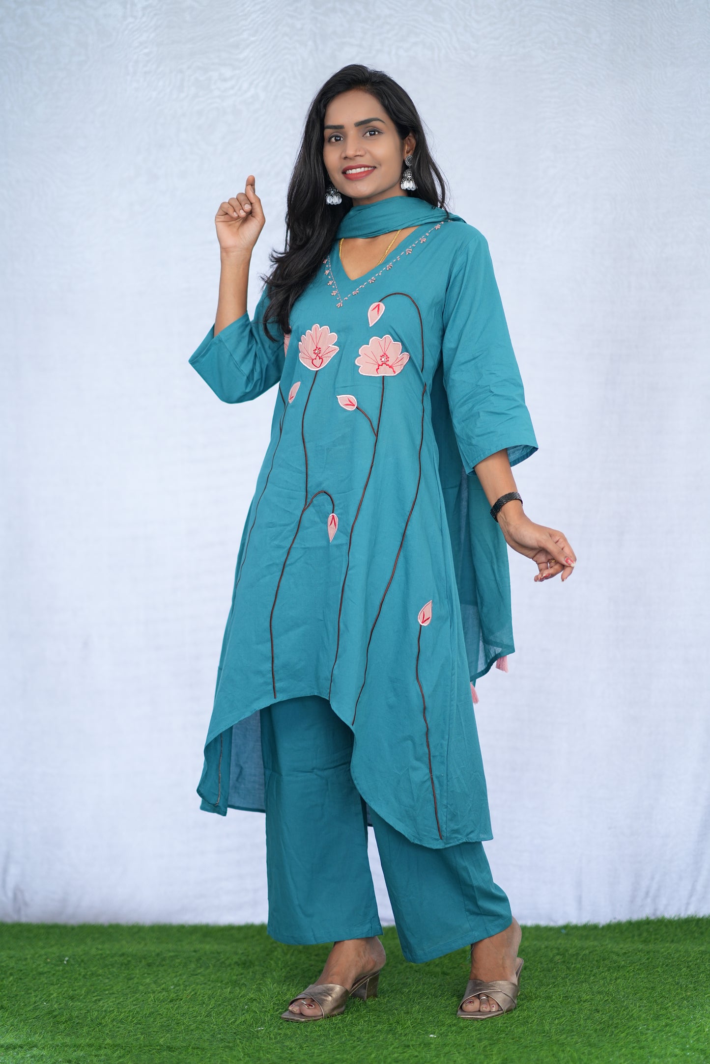 Teal Blue Color Stylish 3 Piece Set with applique work