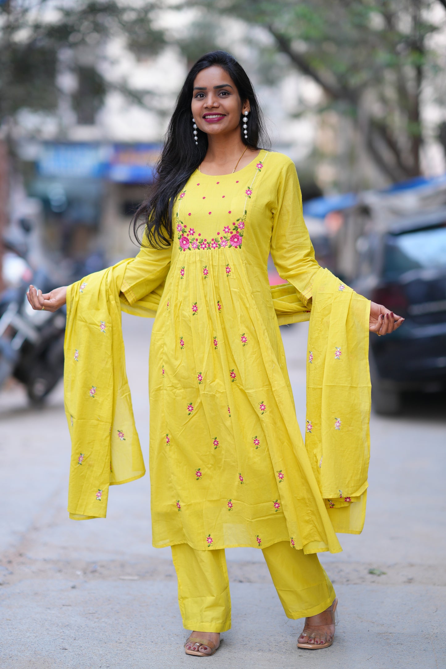 Yellow Color Mul Cotton 3 Piece Set With Embroidery Work and Complete Lining