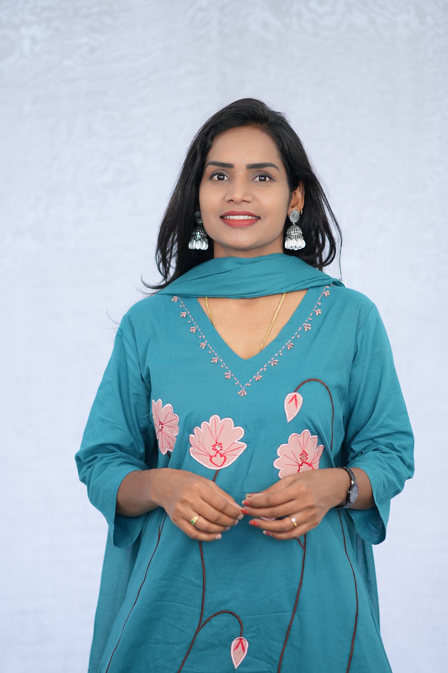 Teal Blue Color Stylish 3 Piece Set with applique work