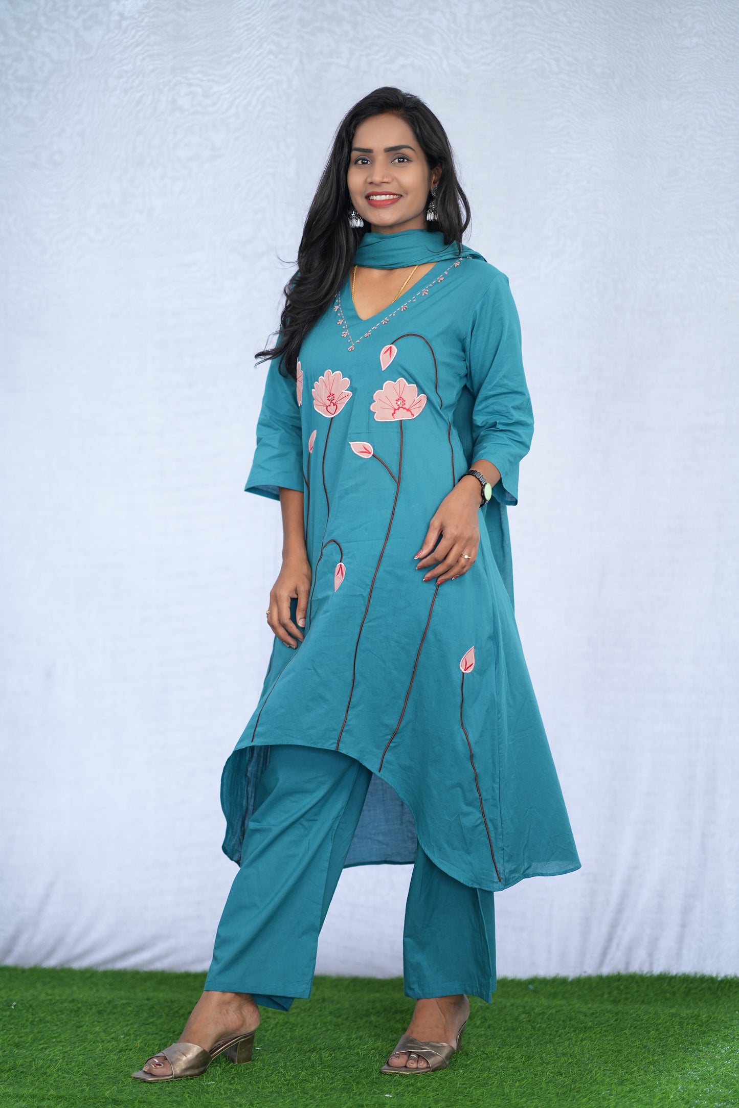 Teal Blue Color Stylish 3 Piece Set with applique work