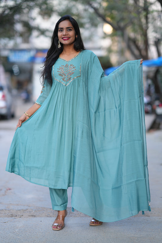 Teal Green Color Mul Chanderi 3 Piece Set With Maggam Work and Complete Lining