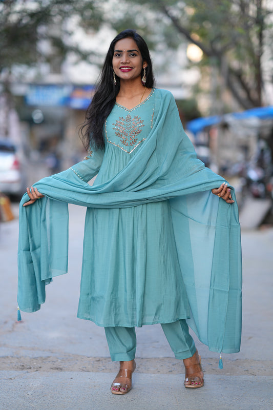 Teal Green Color Mul Chanderi 3 Piece Set With Maggam Work and Complete Lining