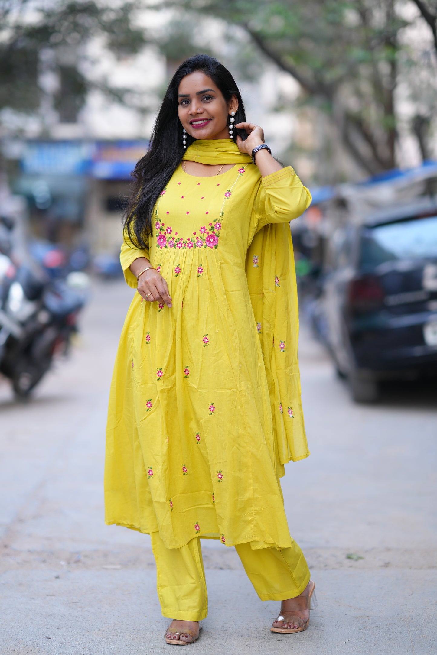 Yellow Color Mul Cotton 3 Piece Set With Embroidery Work and Complete Lining