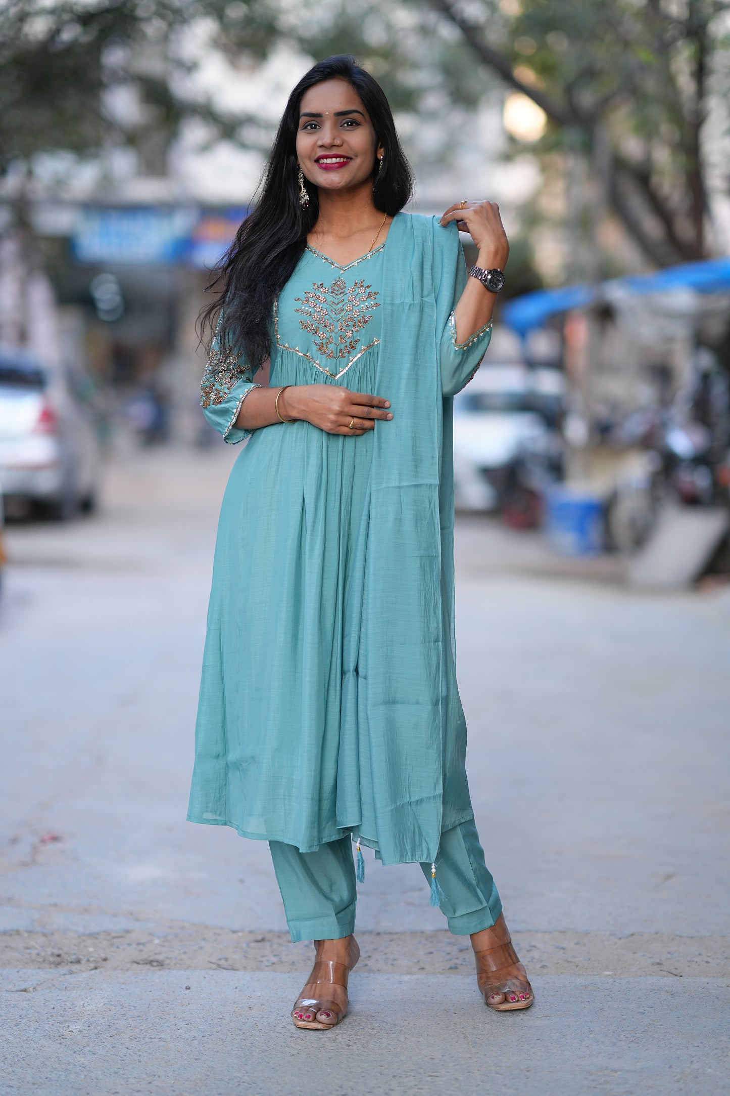 Teal Green Color Mul Chanderi 3 Piece Set With Maggam Work and Complete Lining