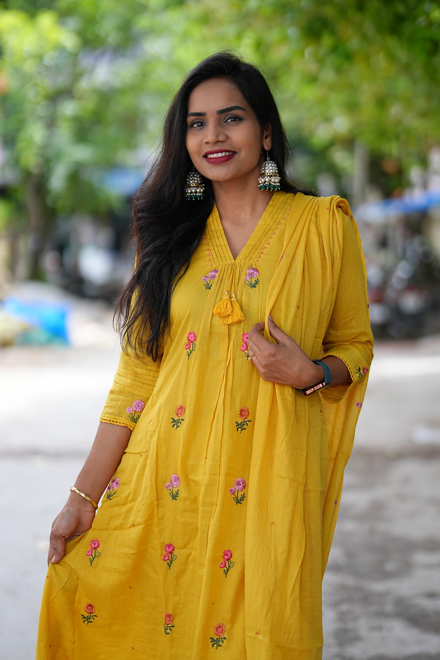 Yellow Color Mul Mul Cotton Anarkali 3 Piece Set With Complete Lining
