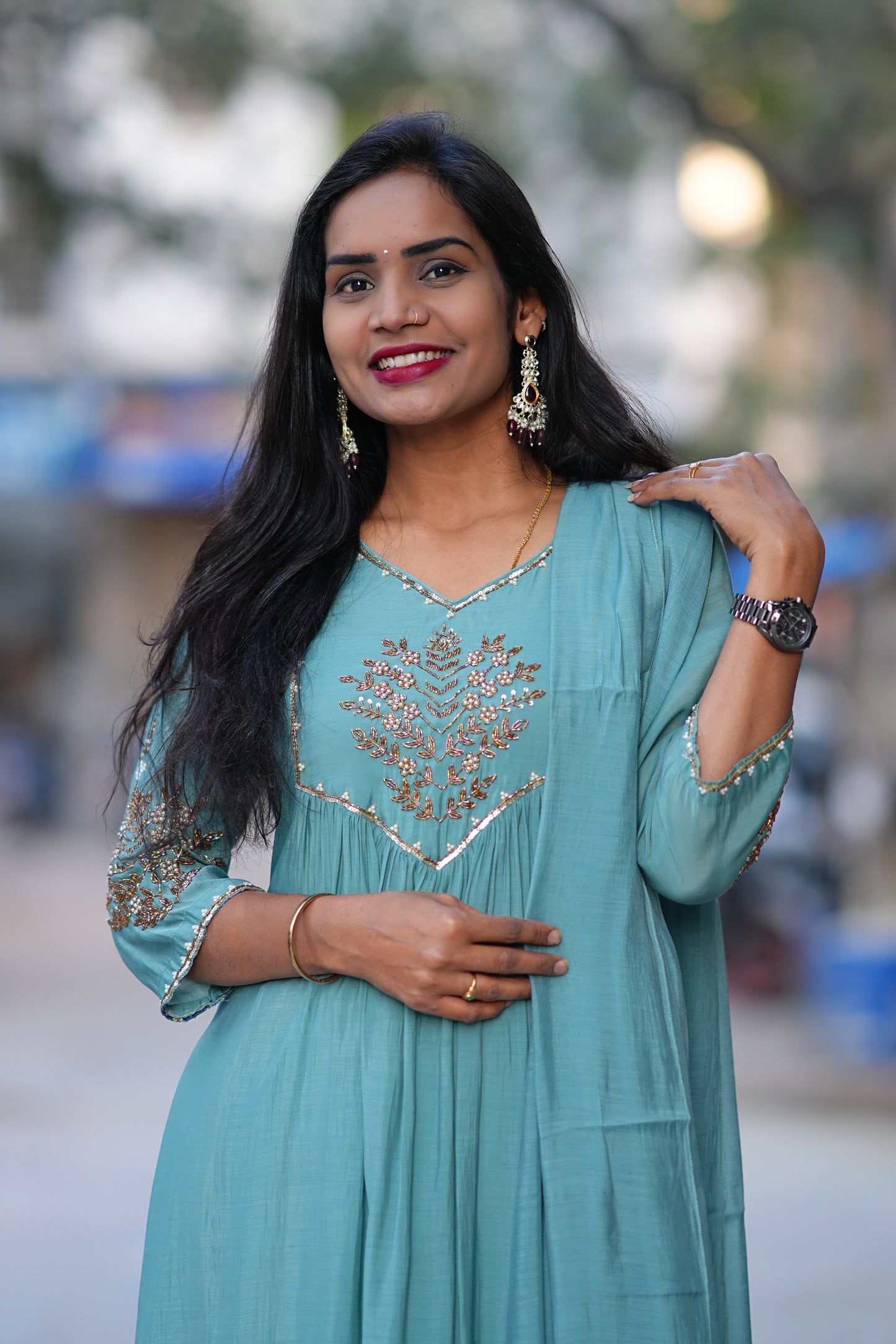 Teal Green Color Mul Chanderi 3 Piece Set With Maggam Work and Complete Lining