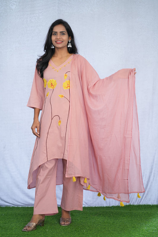 Pink Color Stylish 3 Piece Set with applique work