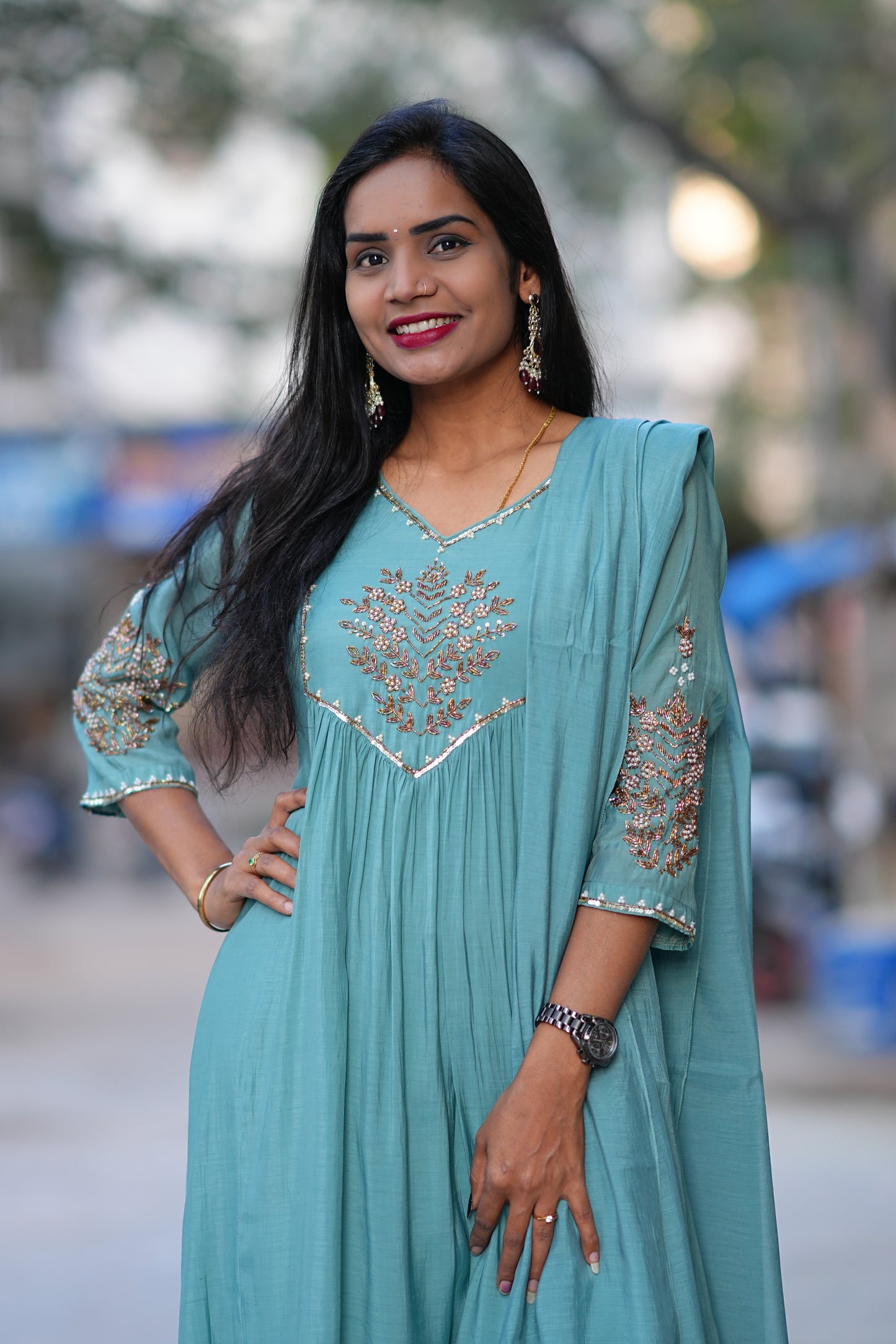 Teal Green Color Mul Chanderi Designer 3 Piece Set With Full Lining