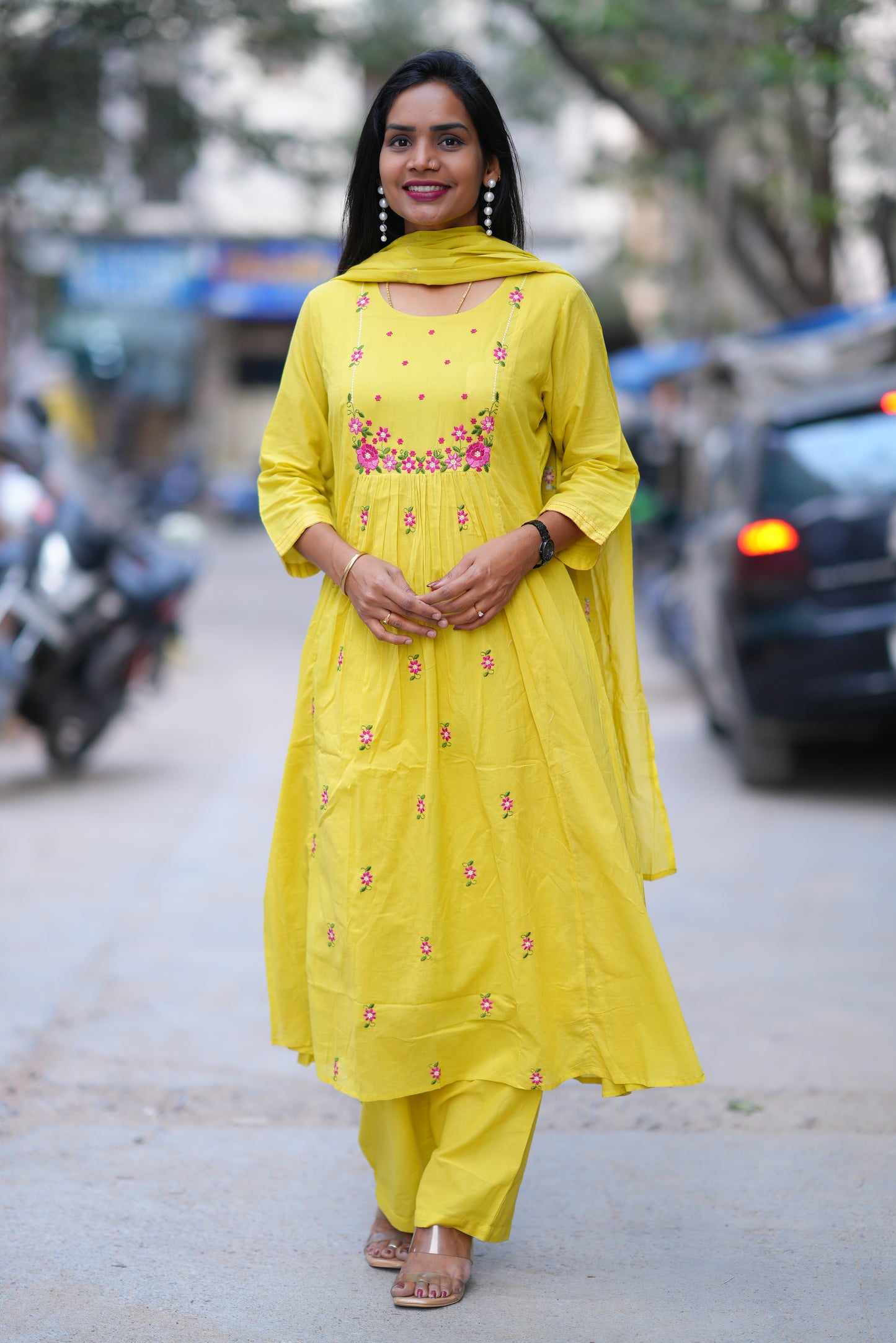 Yellow Color Mul Cotton 3 Piece Set With Embroidery Work and Complete Lining