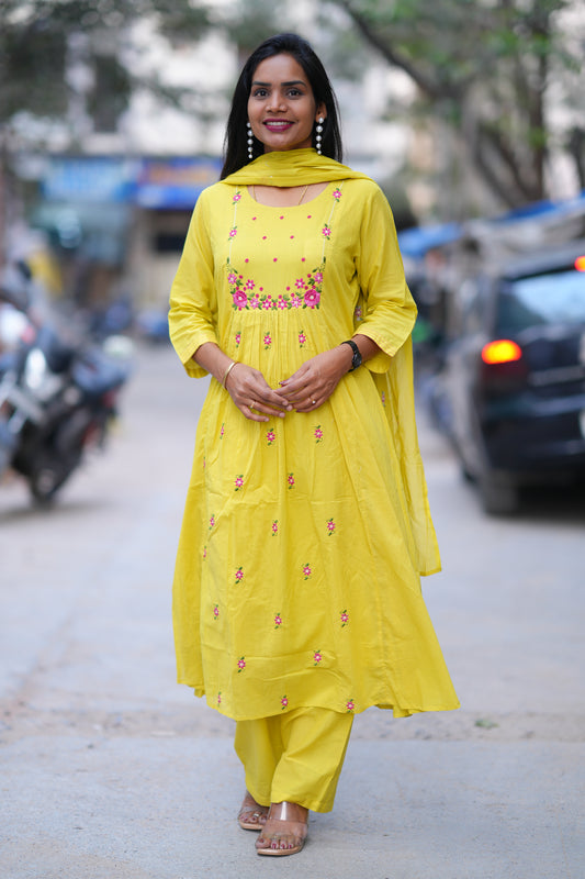 Yellow Color Mul Cotton 3 Piece Set With Embroidery Work and Complete Lining