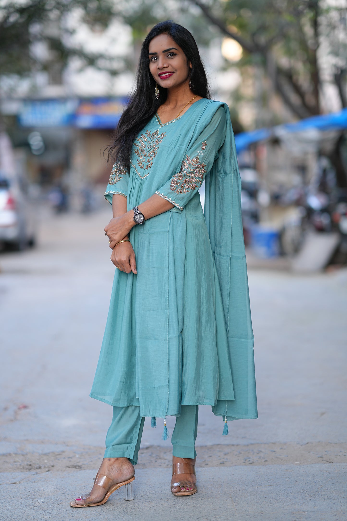 Teal Green Color Mul Chanderi 3 Piece Set With Maggam Work and Complete Lining