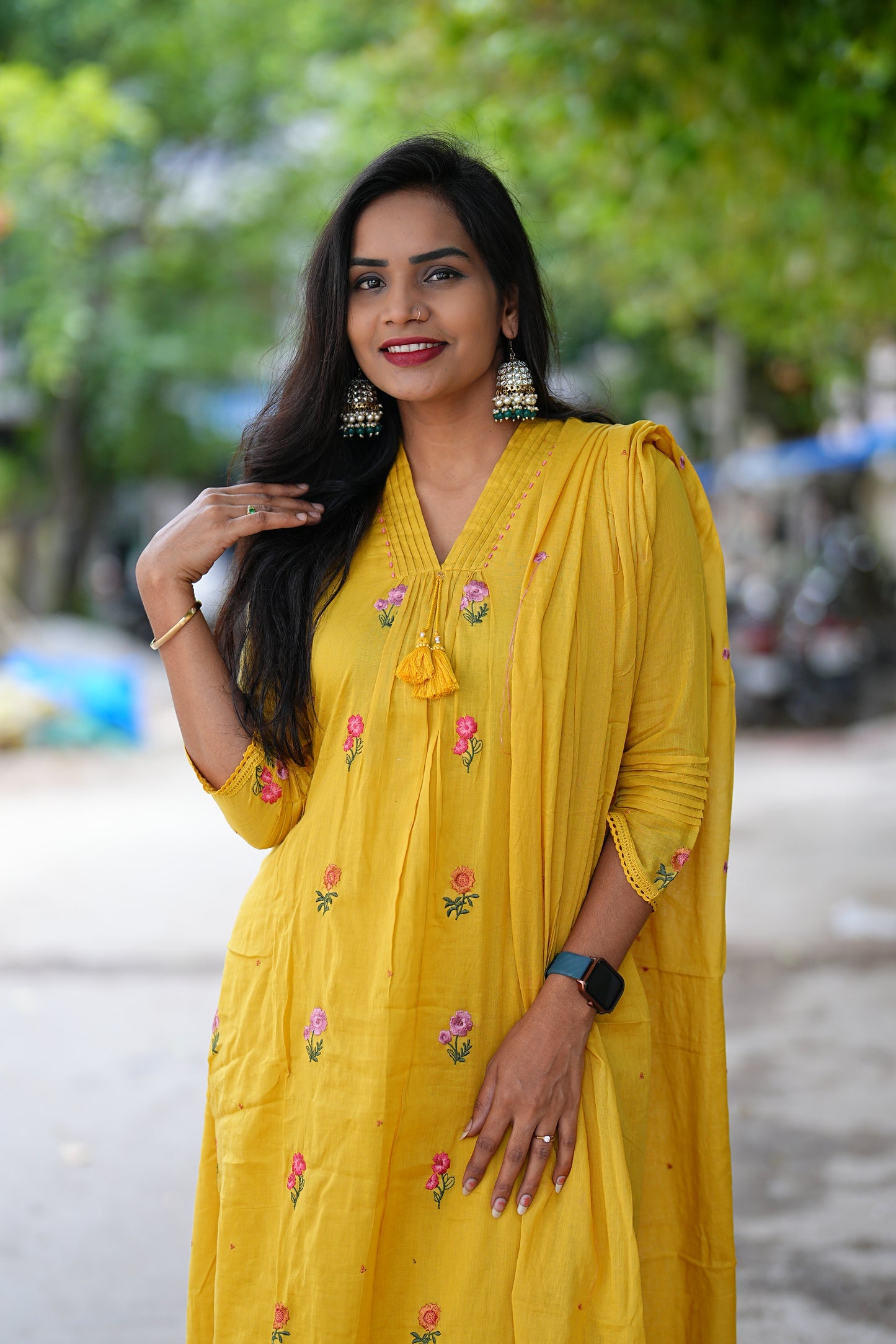 Yellow Color Mul Mul Cotton Anarkali 3 Piece Set With Complete Lining