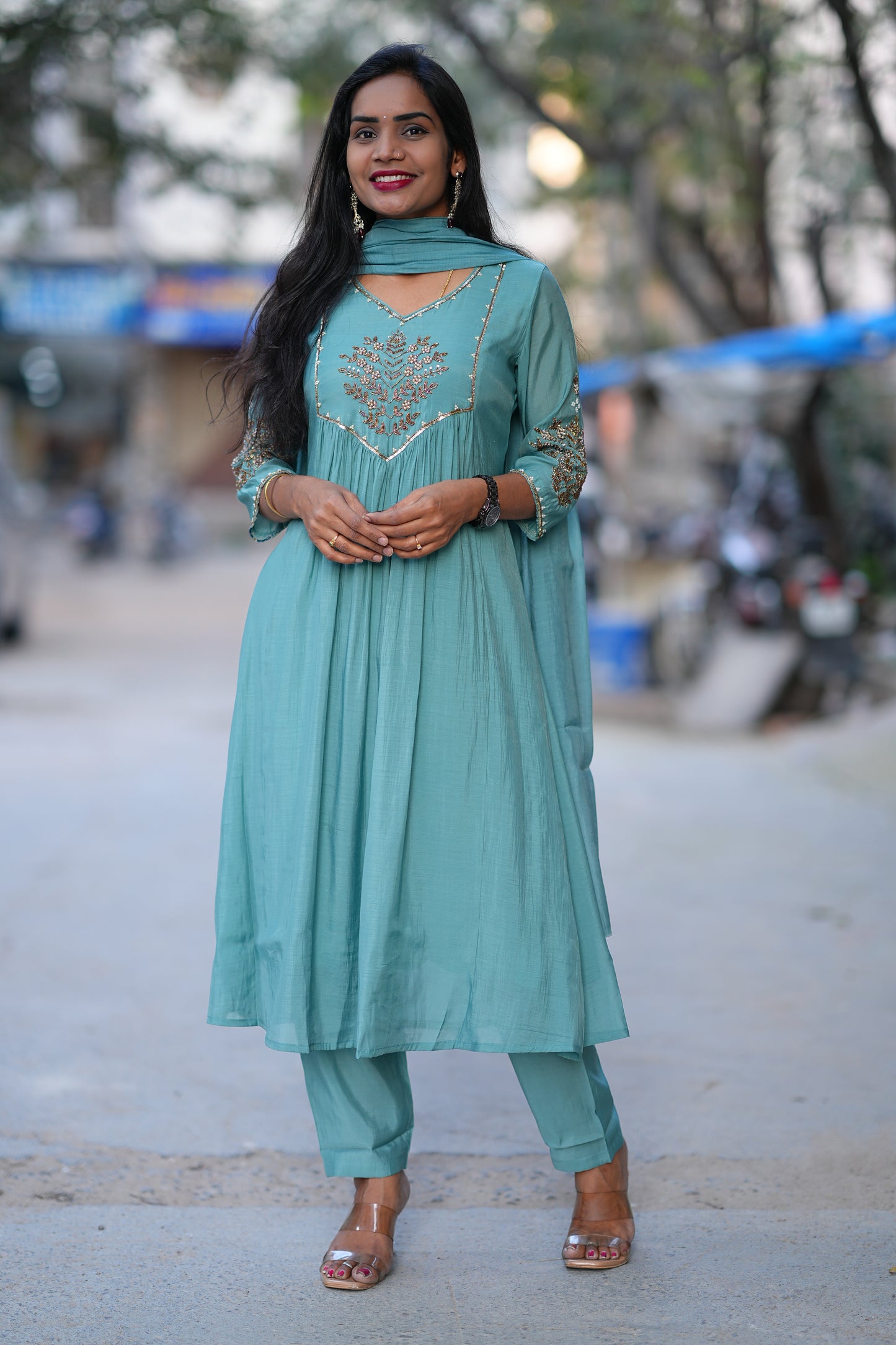 Teal Green Color Mul Chanderi 3 Piece Set With Maggam Work and Complete Lining