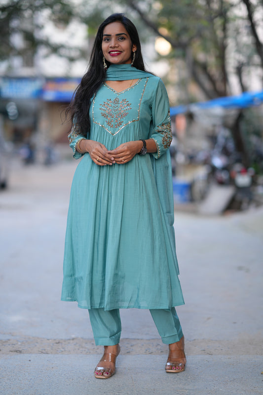 Teal Green Color Mul Chanderi Designer 3 Piece Set With Full Lining