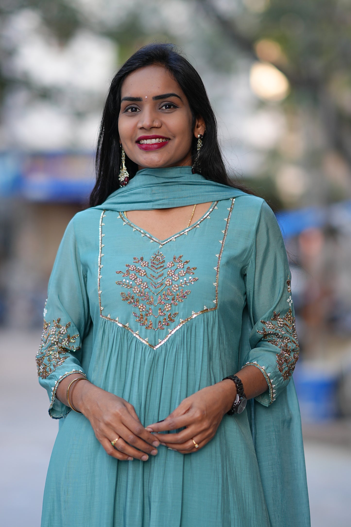 Teal Green Color Mul Chanderi 3 Piece Set With Maggam Work and Complete Lining