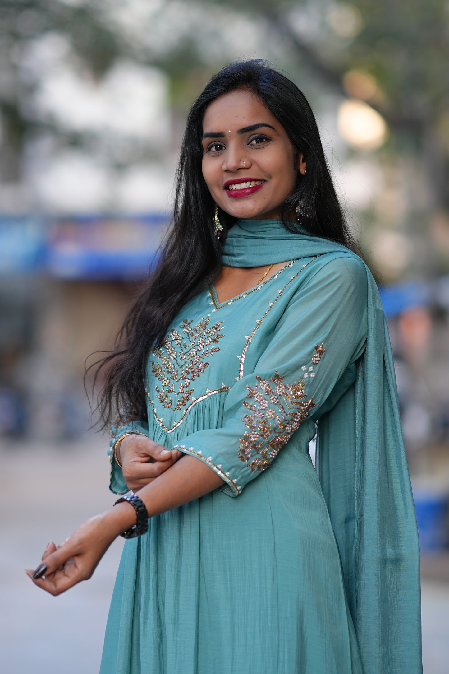 Teal Green Color Mul Chanderi 3 Piece Set With Maggam Work and Complete Lining