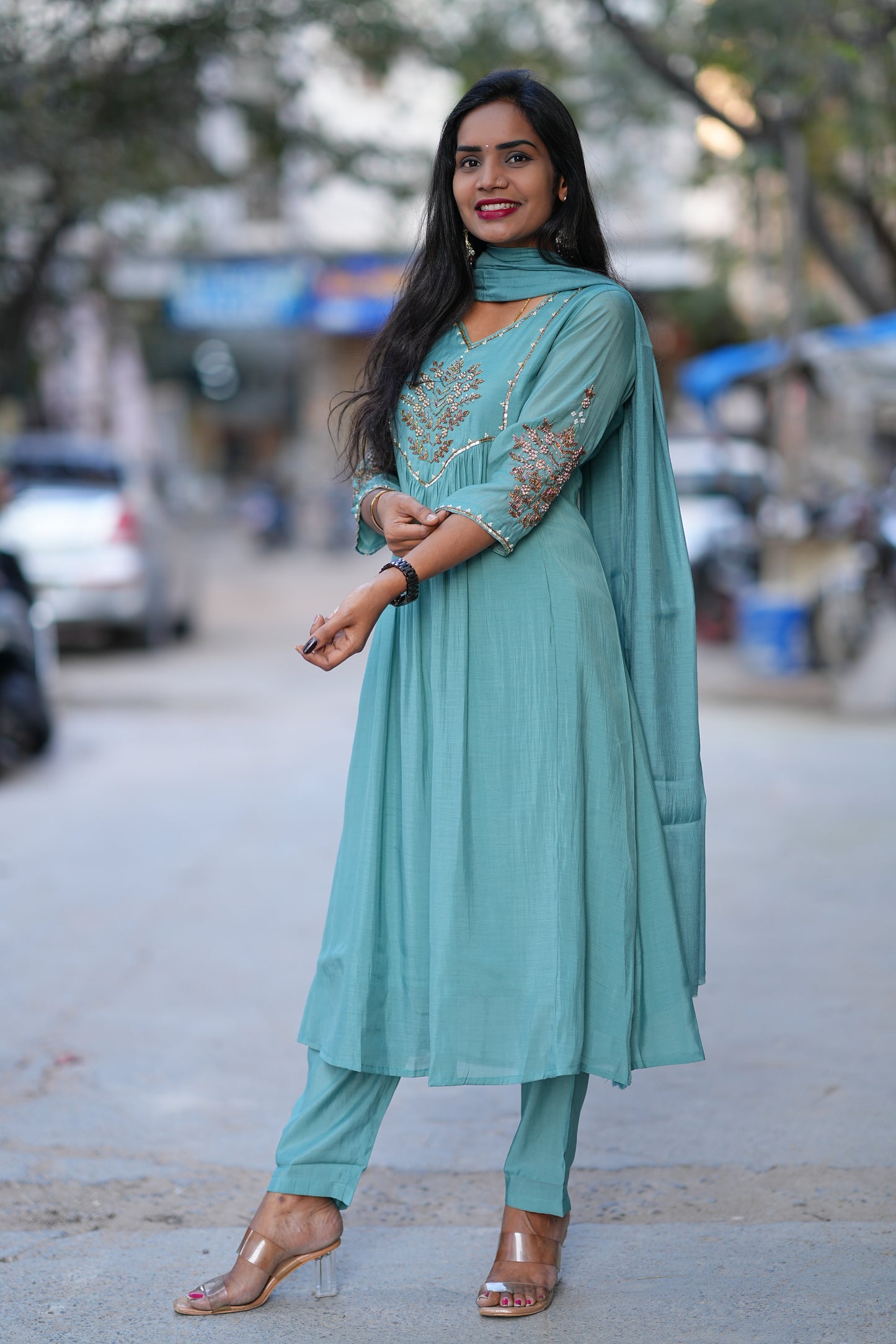 Teal Green Color Mul Chanderi 3 Piece Set With Maggam Work and Complete Lining