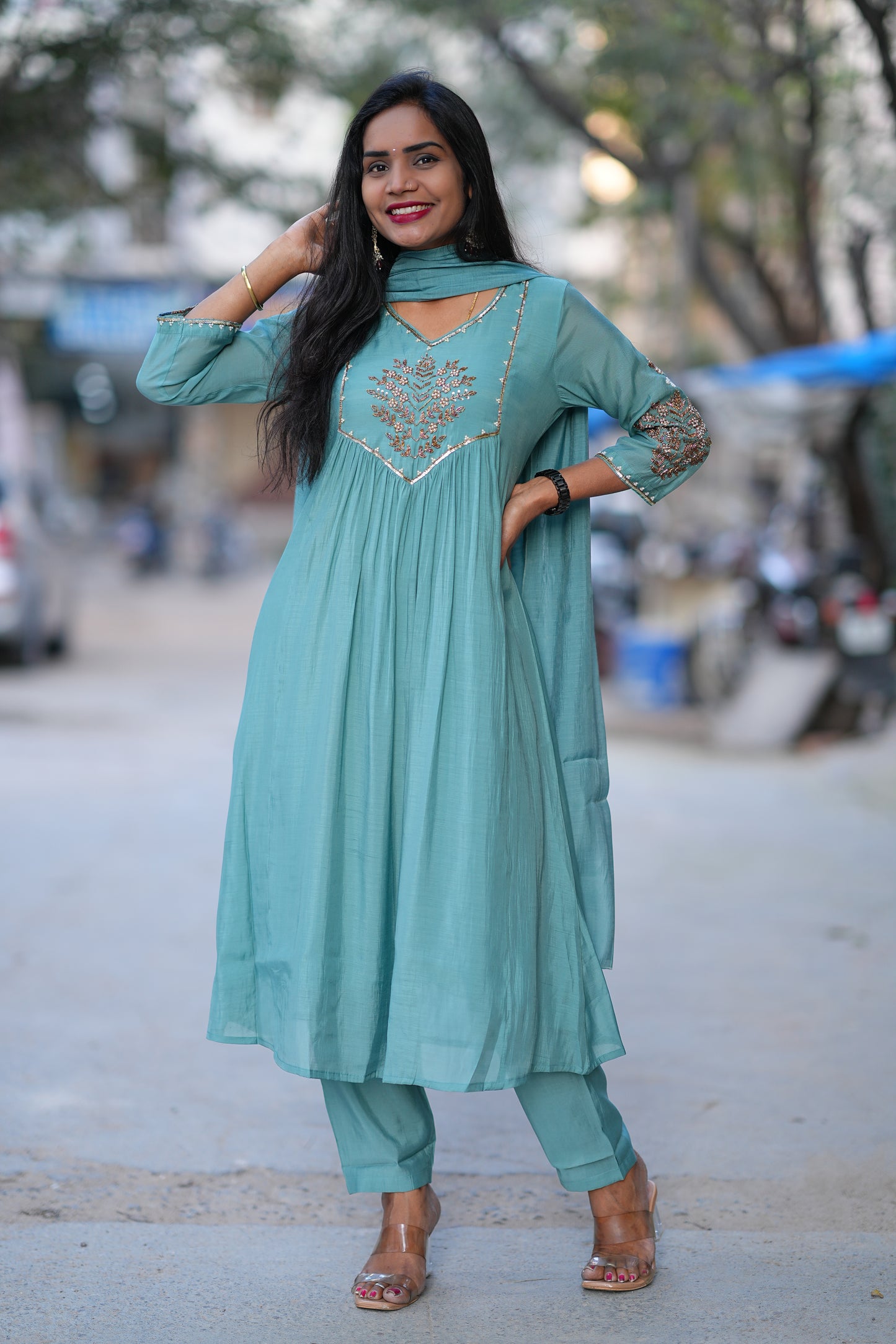 Teal Green Color Mul Chanderi 3 Piece Set With Maggam Work and Complete Lining