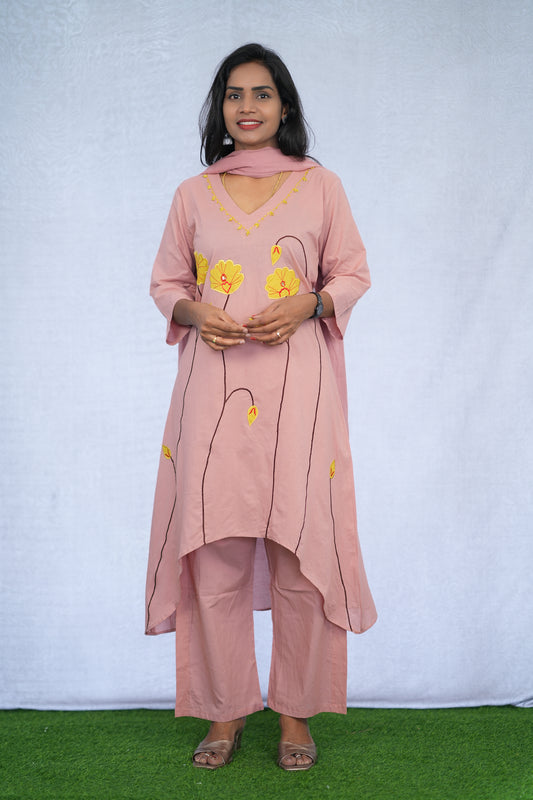 Pink Color Stylish 3 Piece Set with applique work