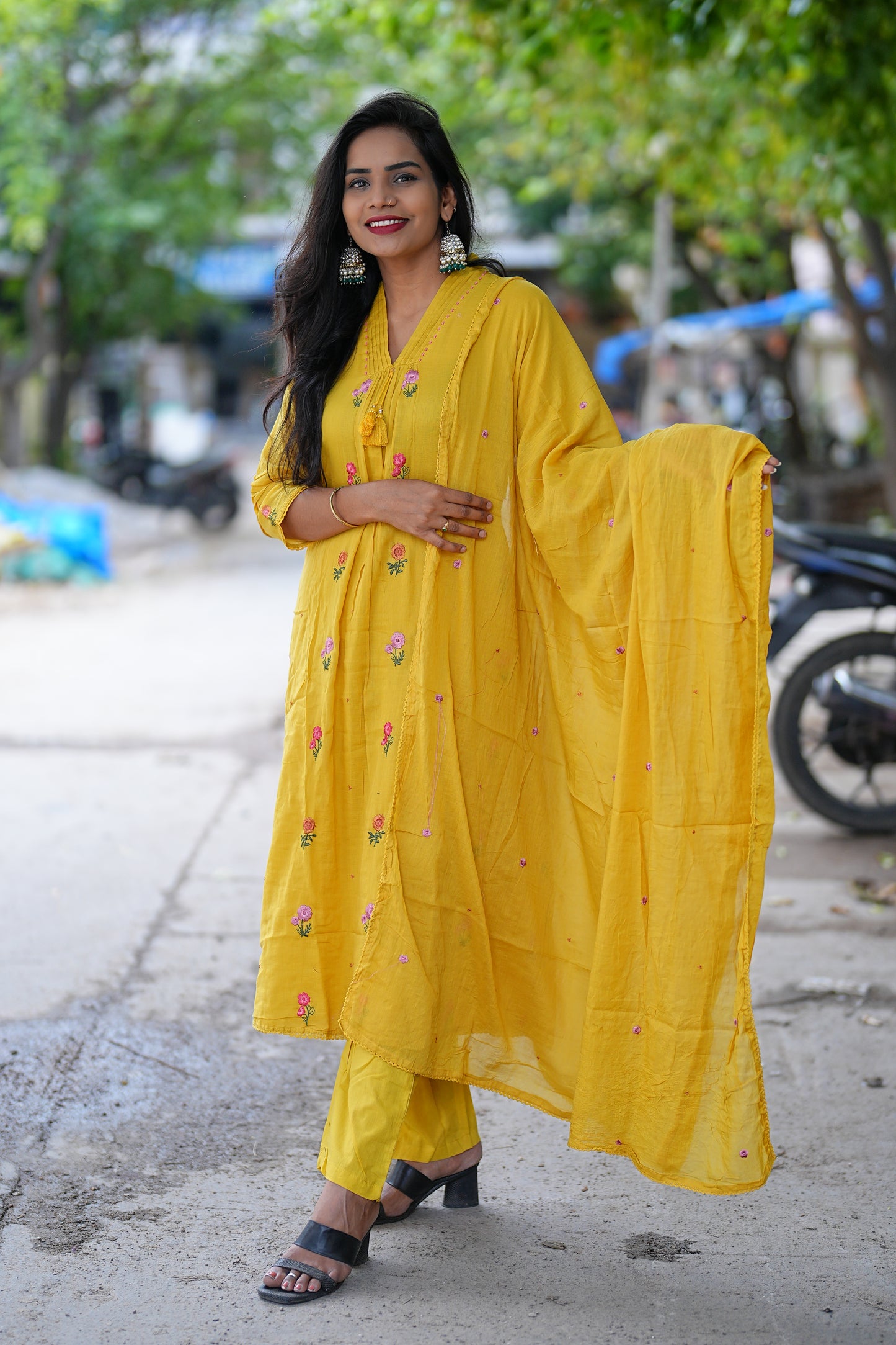 Yellow Color Mul Mul Cotton Anarkali 3 Piece Set With Complete Lining