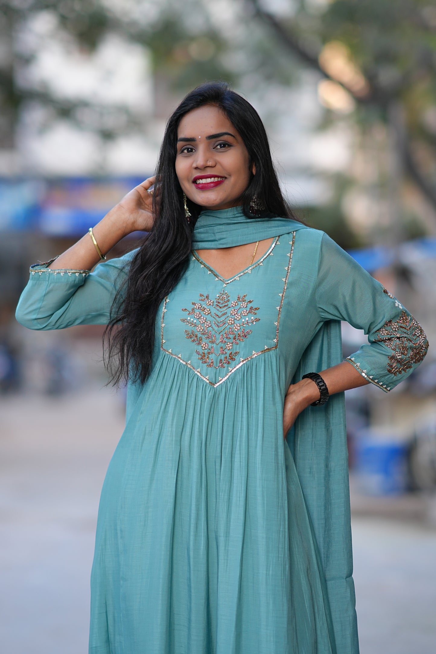 Teal Green Color Mul Chanderi 3 Piece Set With Maggam Work and Complete Lining