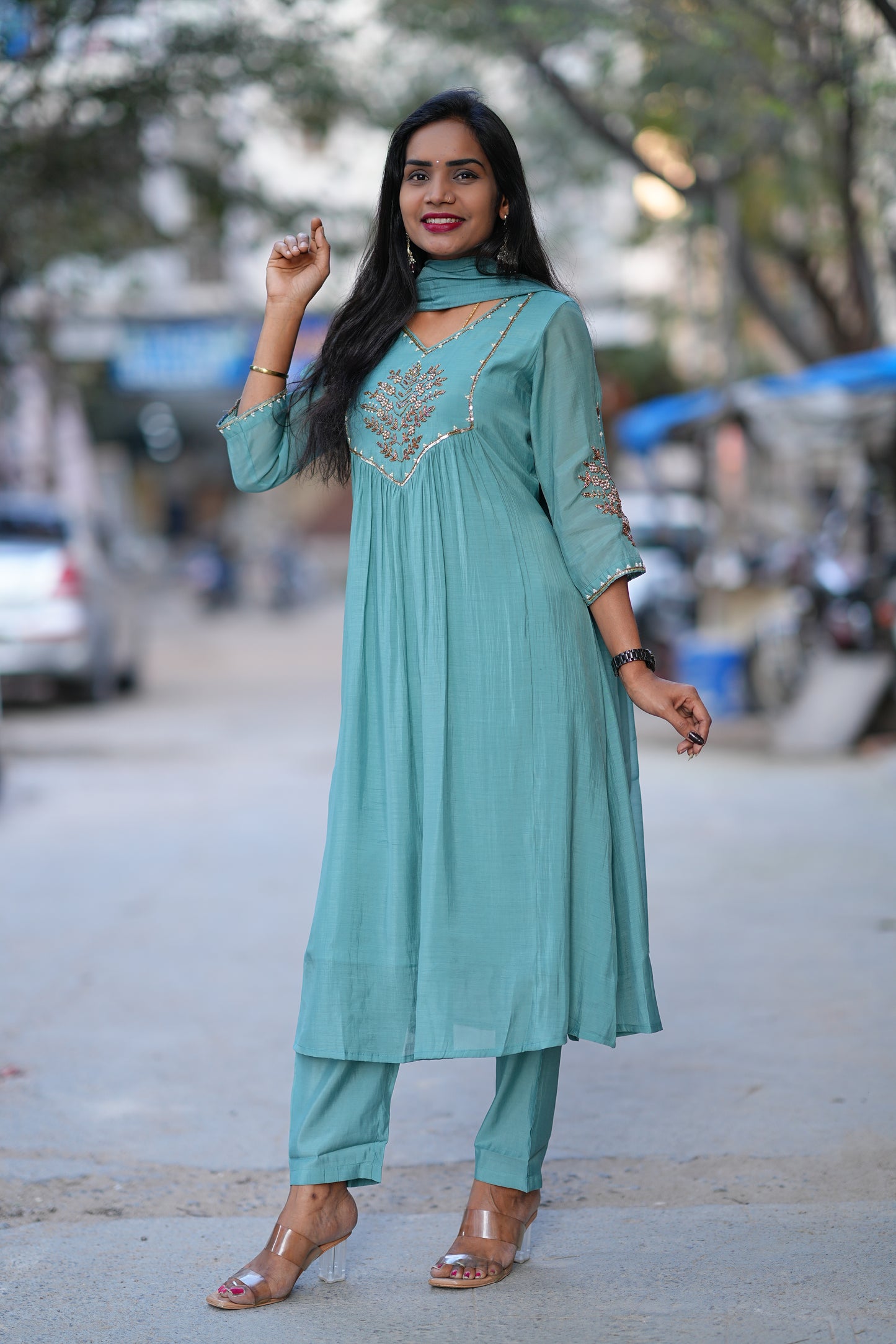 Teal Green Color Mul Chanderi Designer 3 Piece Set With Full Lining