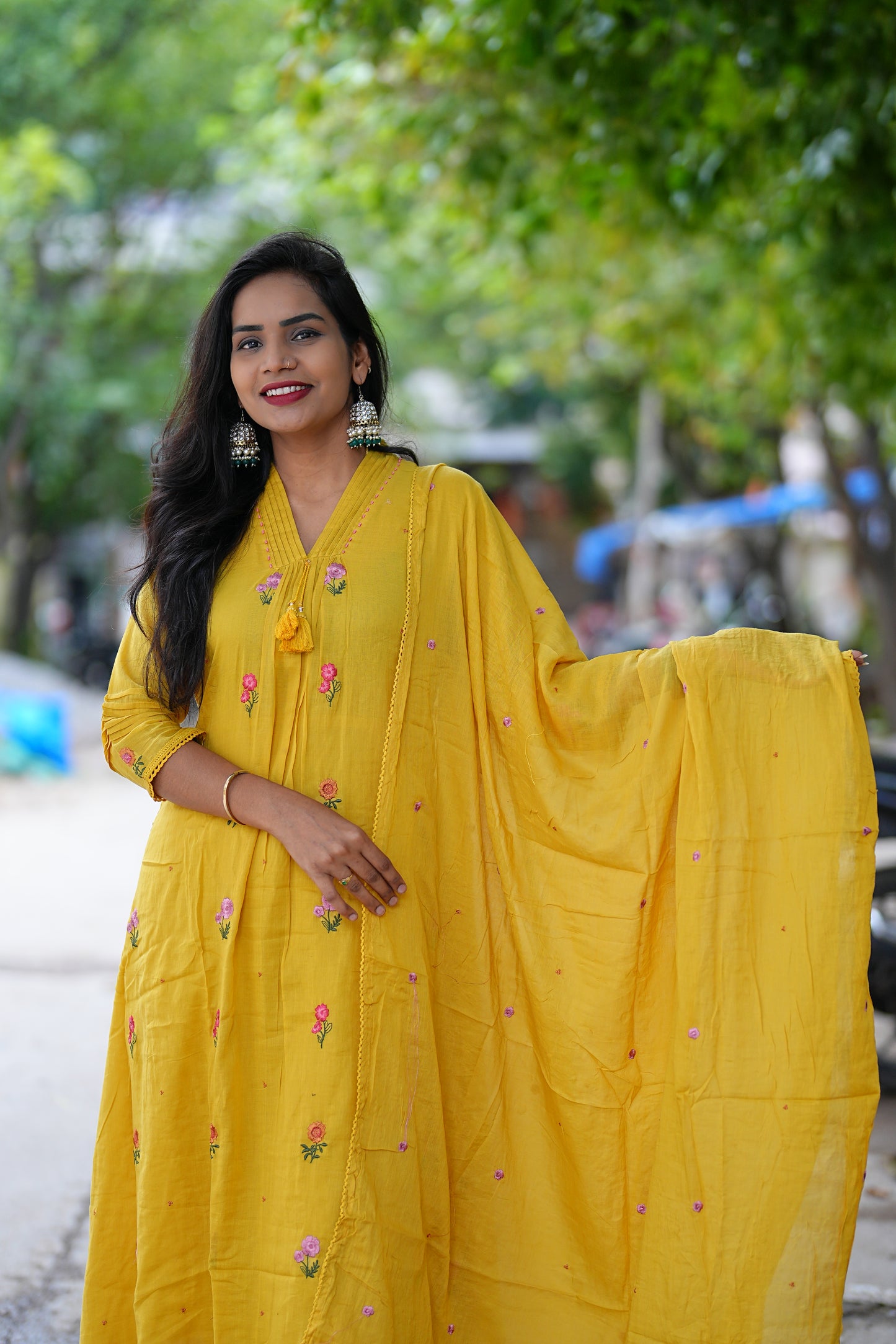 Yellow Color Mul Mul Cotton Anarkali 3 Piece Set With Complete Lining