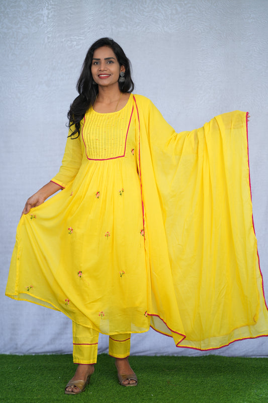 Yellow Color Mul Cotton 3 Piece Set With Embroidery Work and Complete Lining