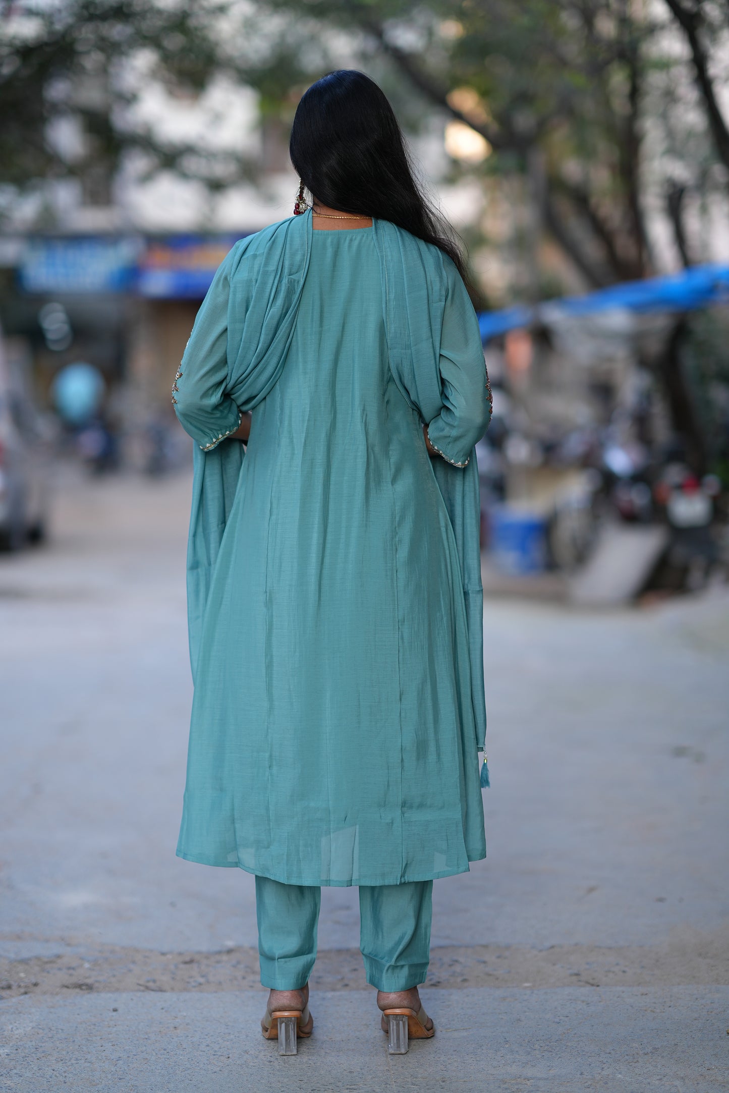 Teal Green Color Mul Chanderi 3 Piece Set With Maggam Work and Complete Lining