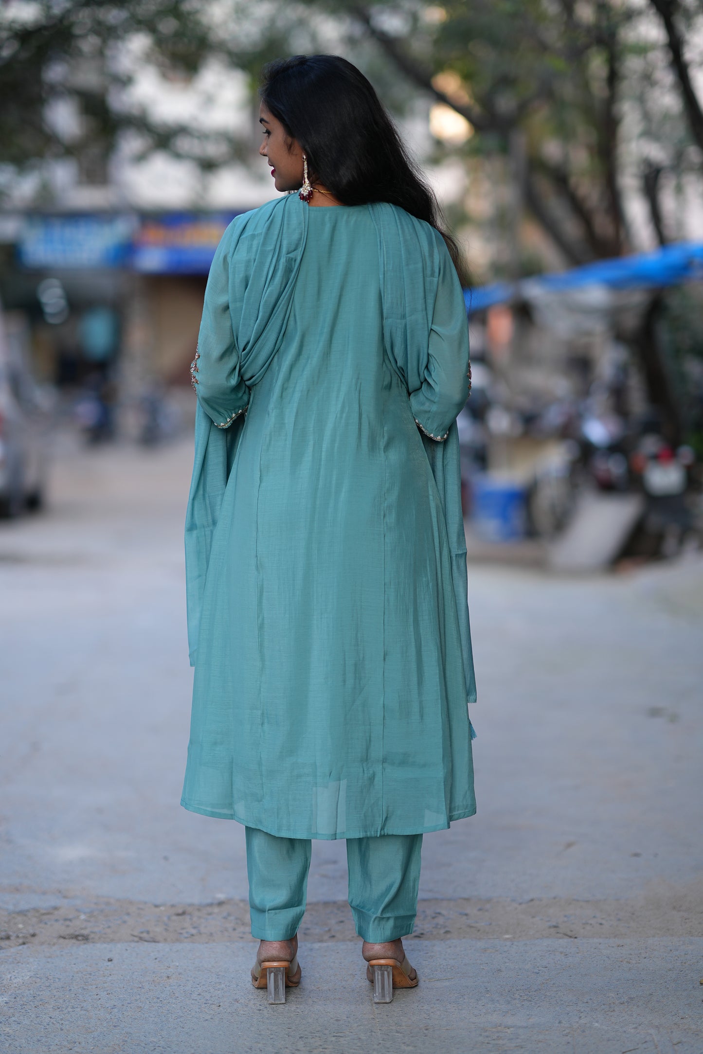 Teal Green Color Mul Chanderi 3 Piece Set With Maggam Work and Complete Lining