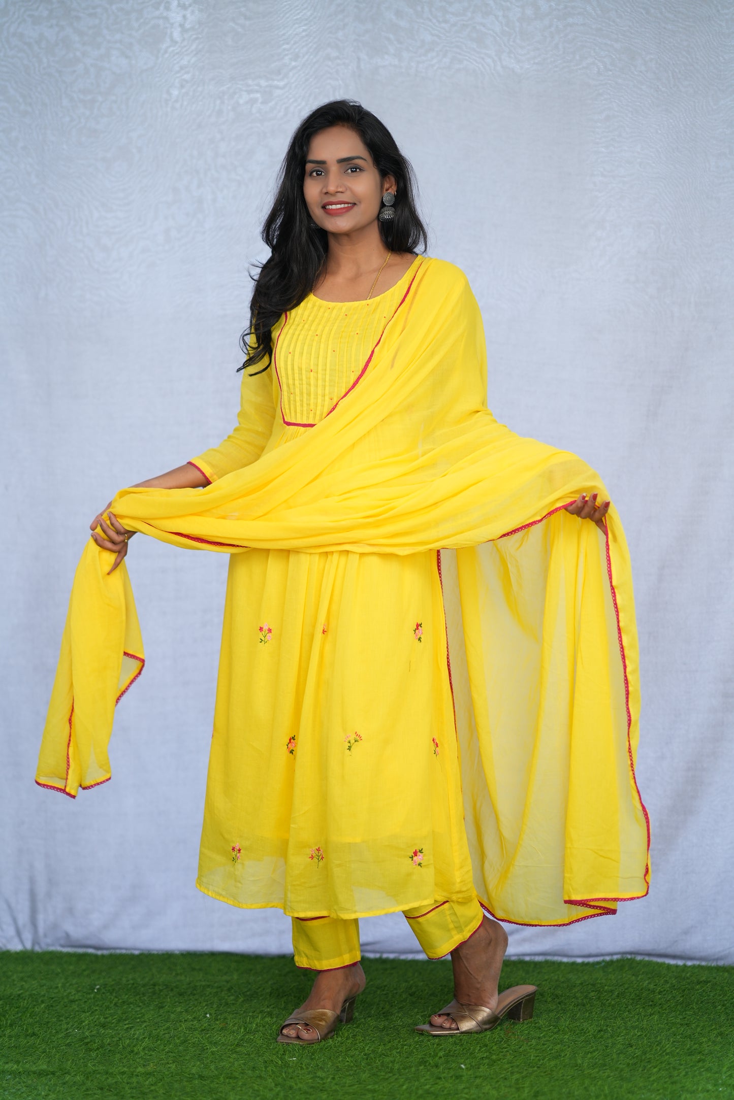 Yellow Color Mul Cotton 3 Piece Set With Embroidery Work and Complete Lining