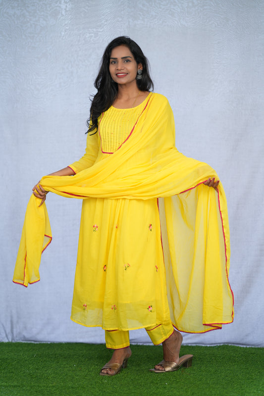 Yellow Color Mul Cotton 3 Piece Set With Embroidery Work and Complete Lining