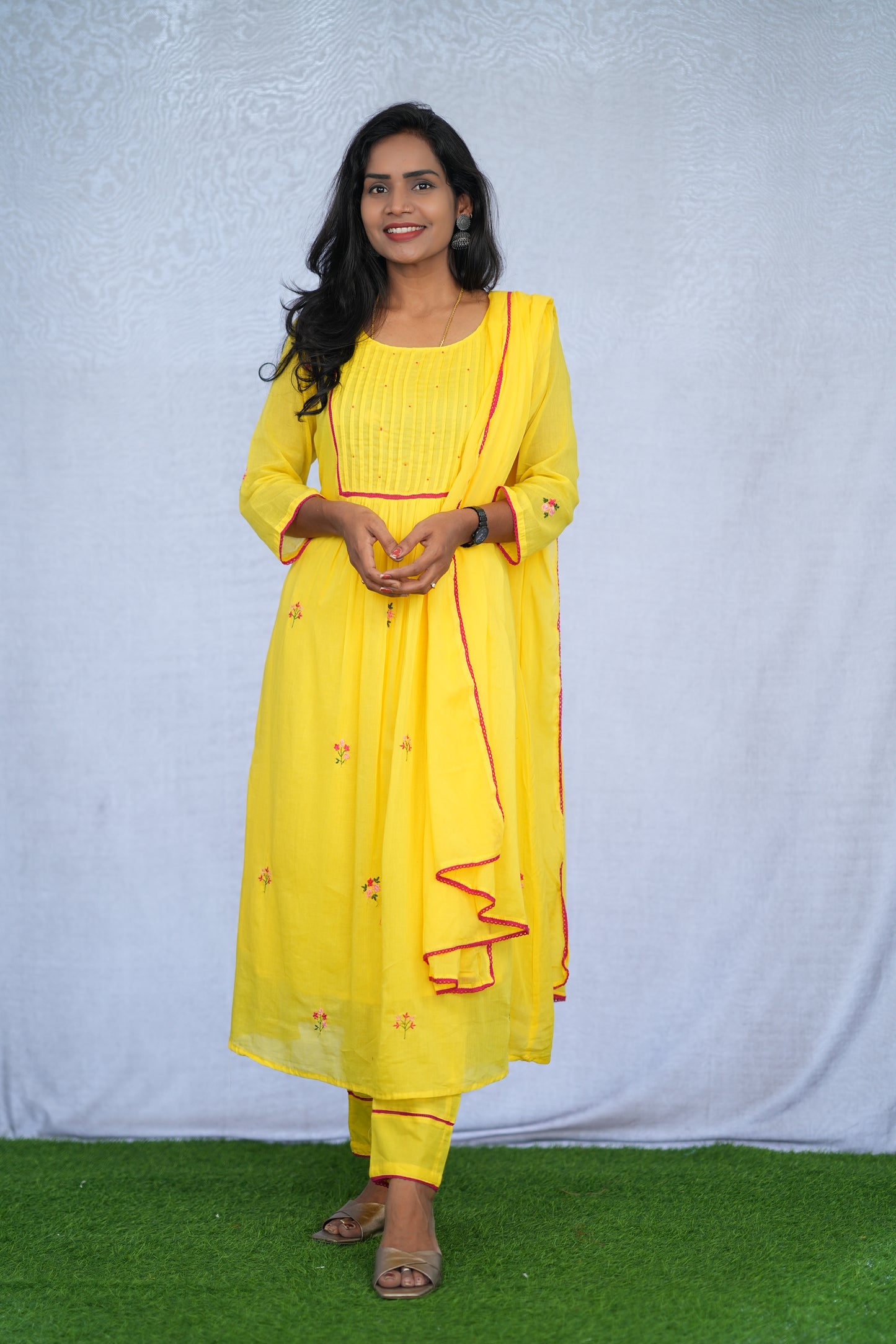 Yellow Color Mul Cotton 3 Piece Set With Embroidery Work and Complete Lining