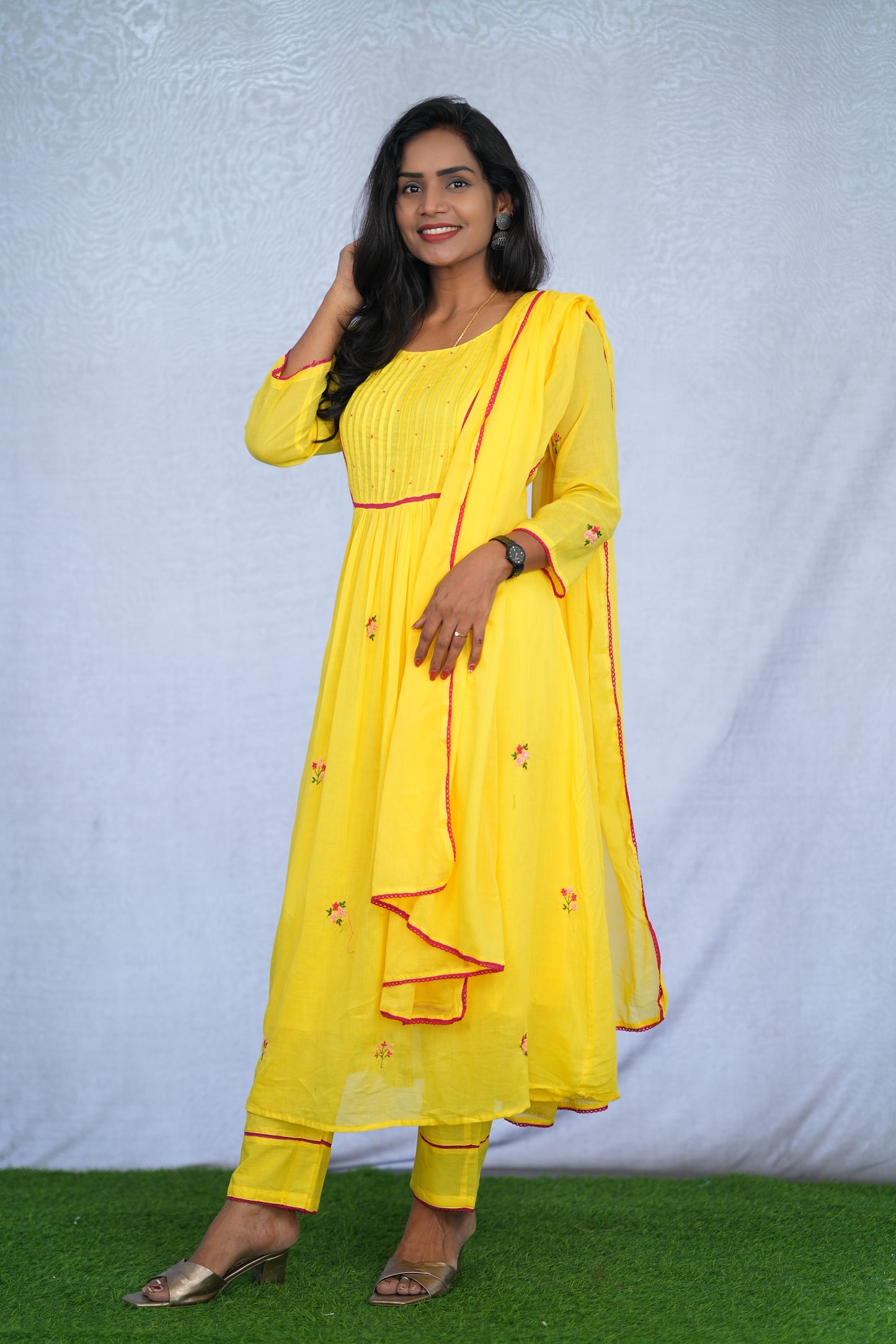 Yellow Color Mul Cotton 3 Piece Set With Embroidery Work and Complete Lining