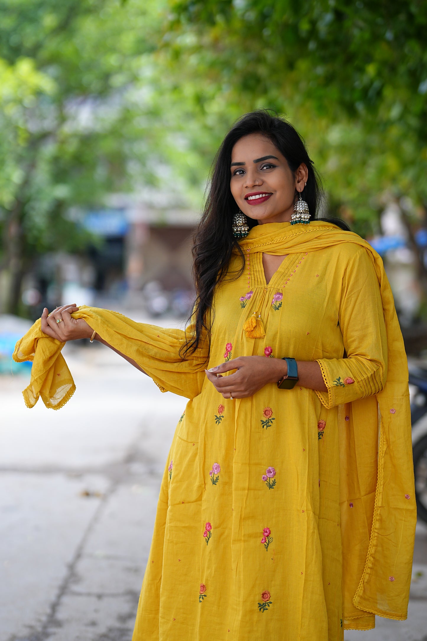 Yellow Color Mul Mul Cotton Anarkali 3 Piece Set With Complete Lining