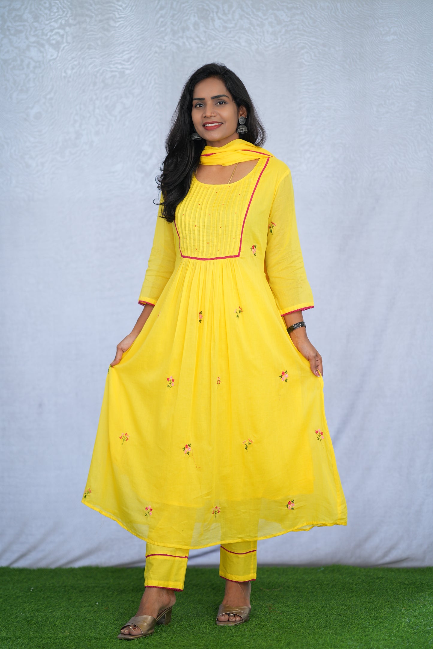Yellow Color Mul Cotton 3 Piece Set With Embroidery Work and Complete Lining