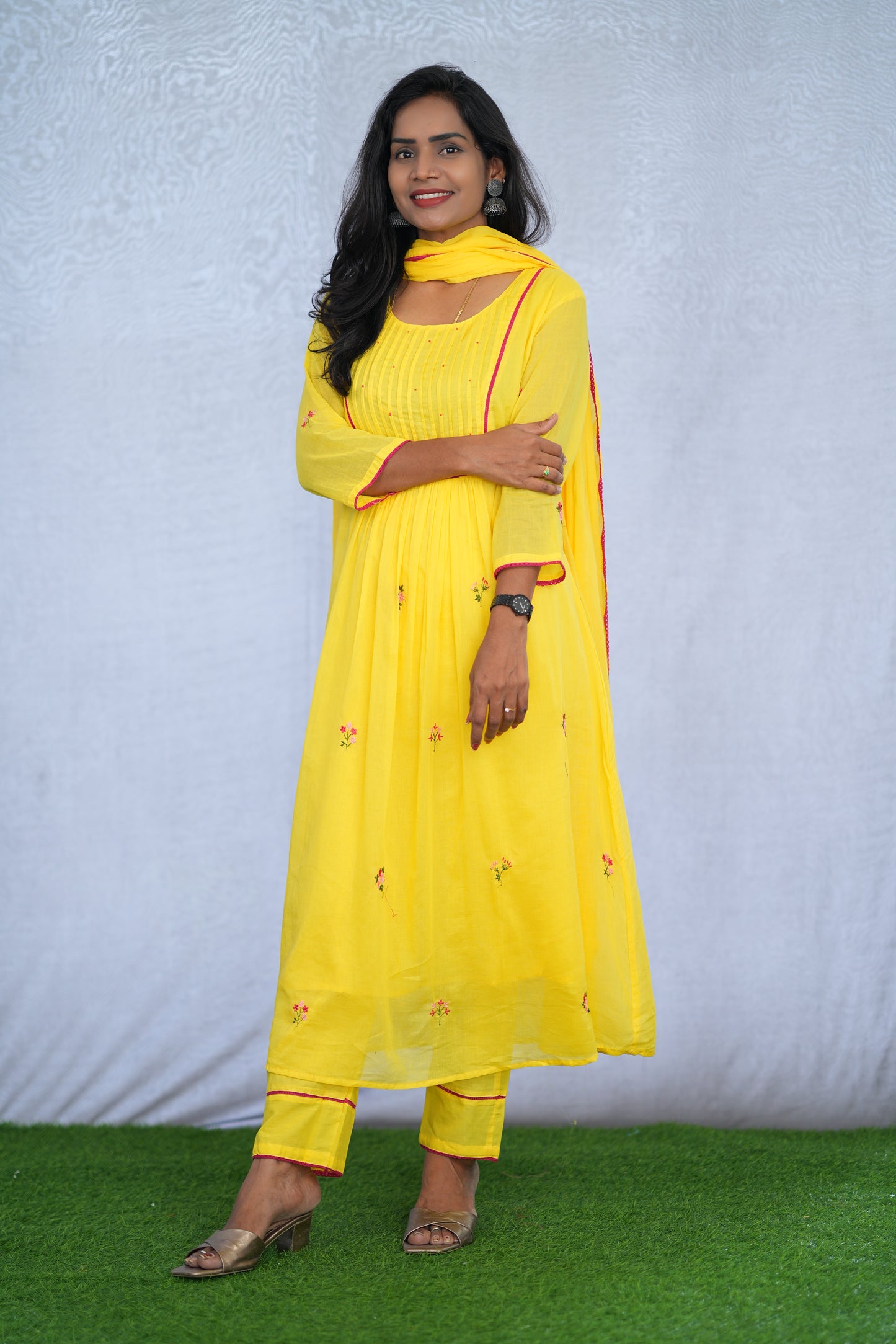 Yellow Color Mul Cotton 3 Piece Set With Embroidery Work and Complete Lining