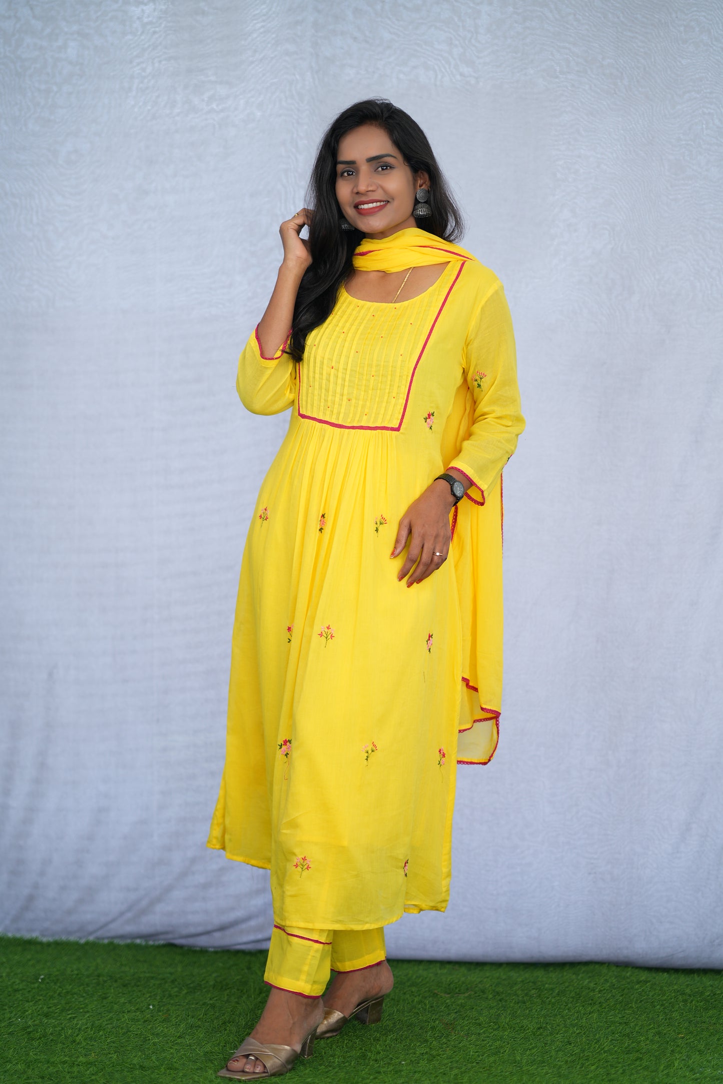 Yellow Color Mul Cotton 3 Piece Set With Embroidery Work and Complete Lining