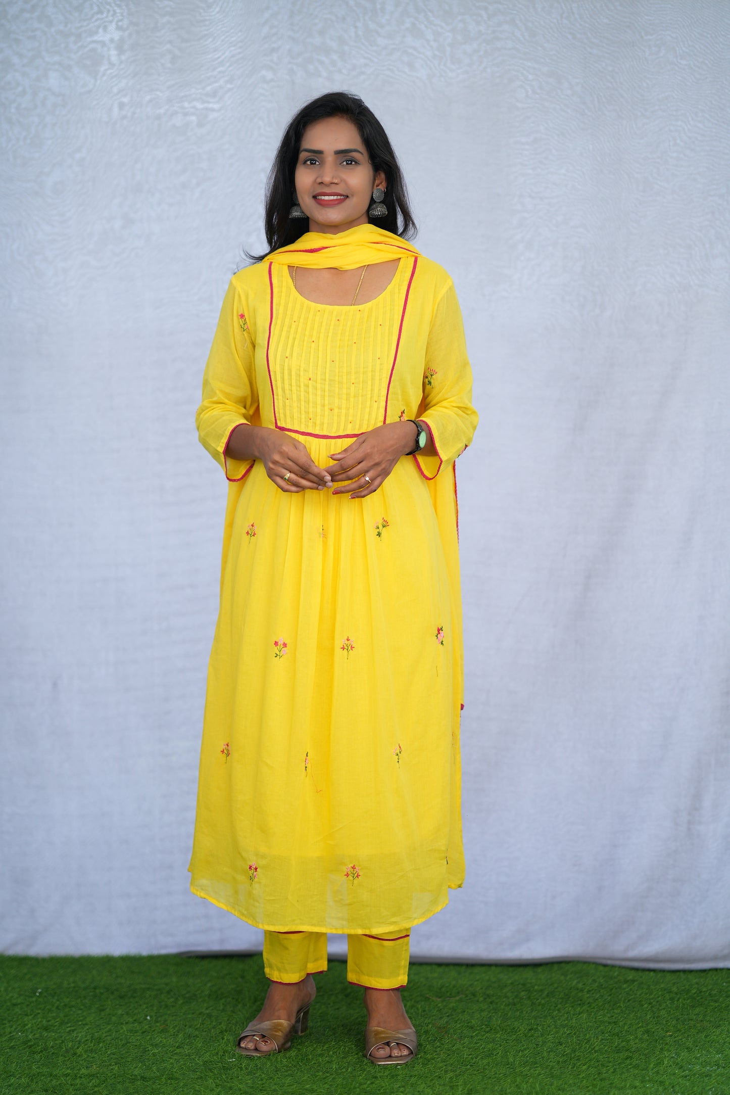 Yellow Color Mul Cotton 3 Piece Set With Embroidery Work and Complete Lining