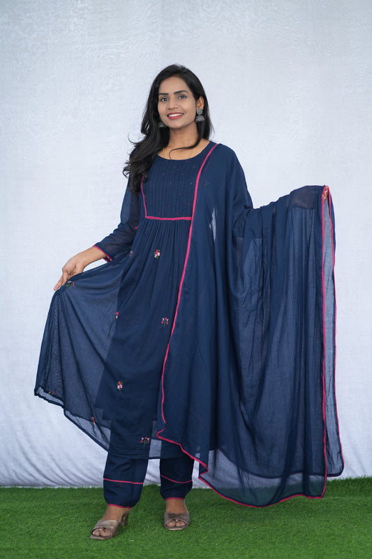 Blue Color Mul Cotton 3 Piece Set With Embroidery Work and Complete Lining