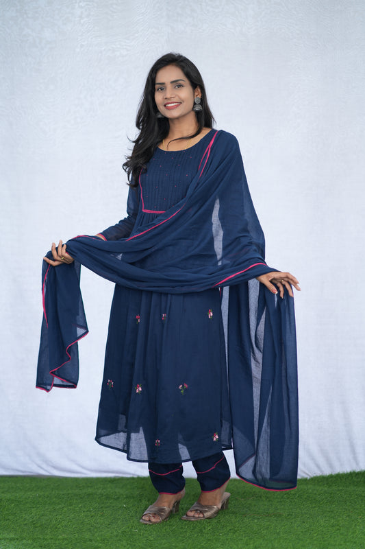 Blue Color Mul Cotton 3 Piece Set With Embroidery Work and Complete Lining