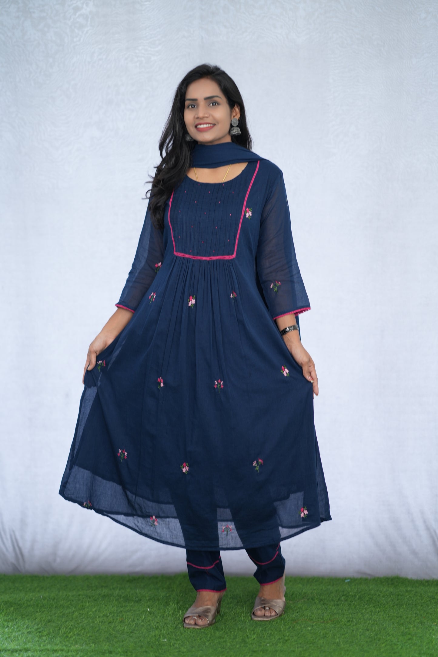 Blue Color Mul Cotton 3 Piece Set With Embroidery Work and Complete Lining