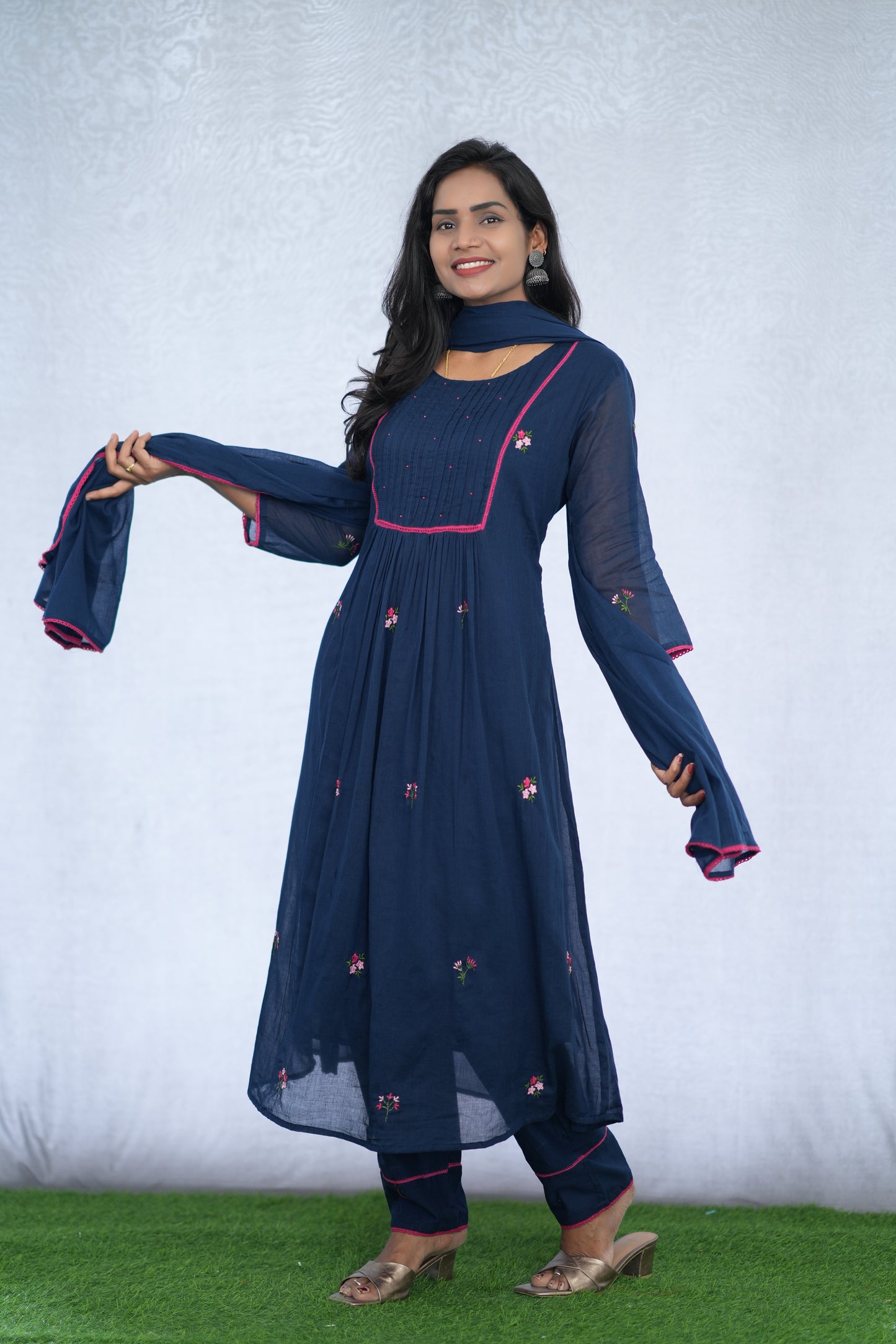 Blue Color Mul Cotton 3 Piece Set With Embroidery Work and Complete Lining