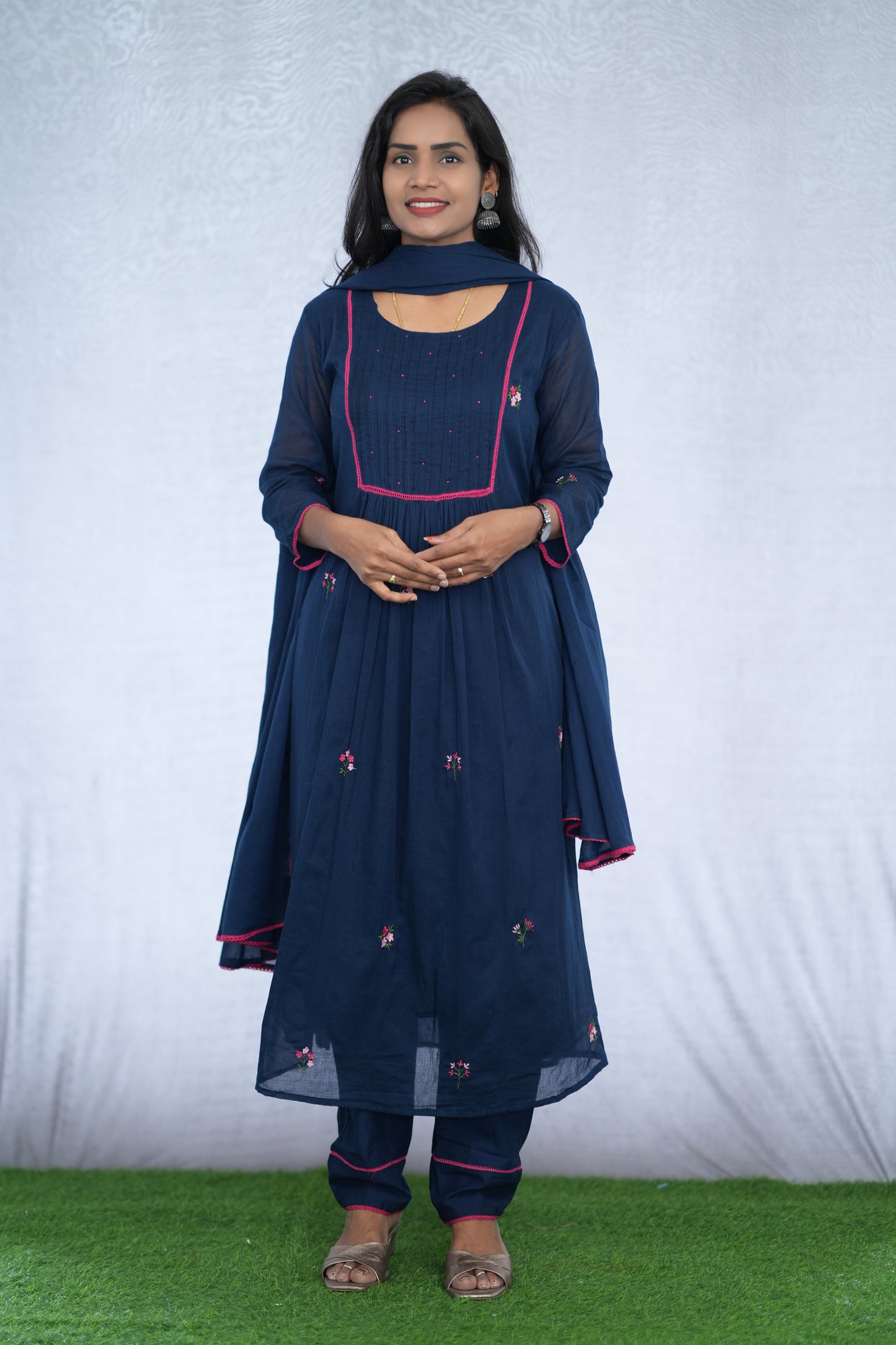 Blue Color Mul Cotton 3 Piece Set With Embroidery Work and Complete Lining