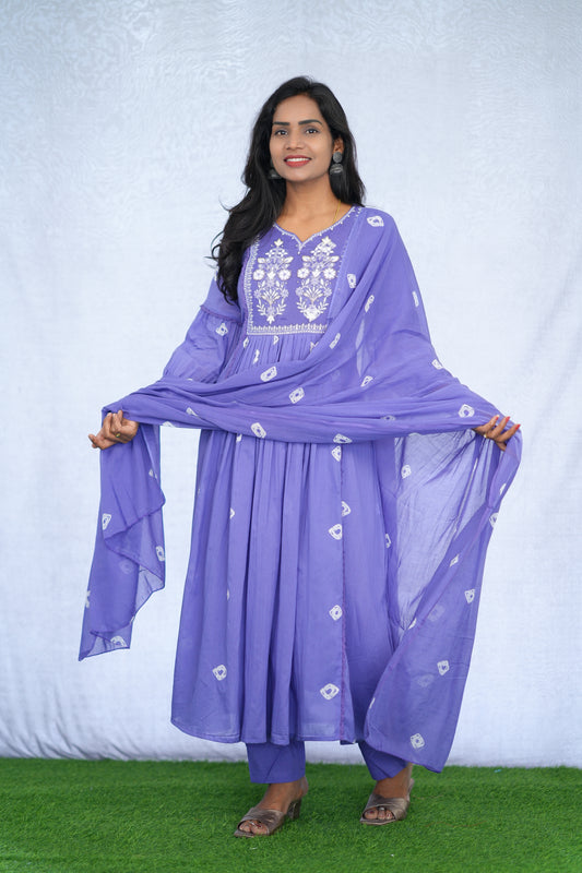 Lavender Color Mul cotton 3 Piece Set with embroidery work and complete lining