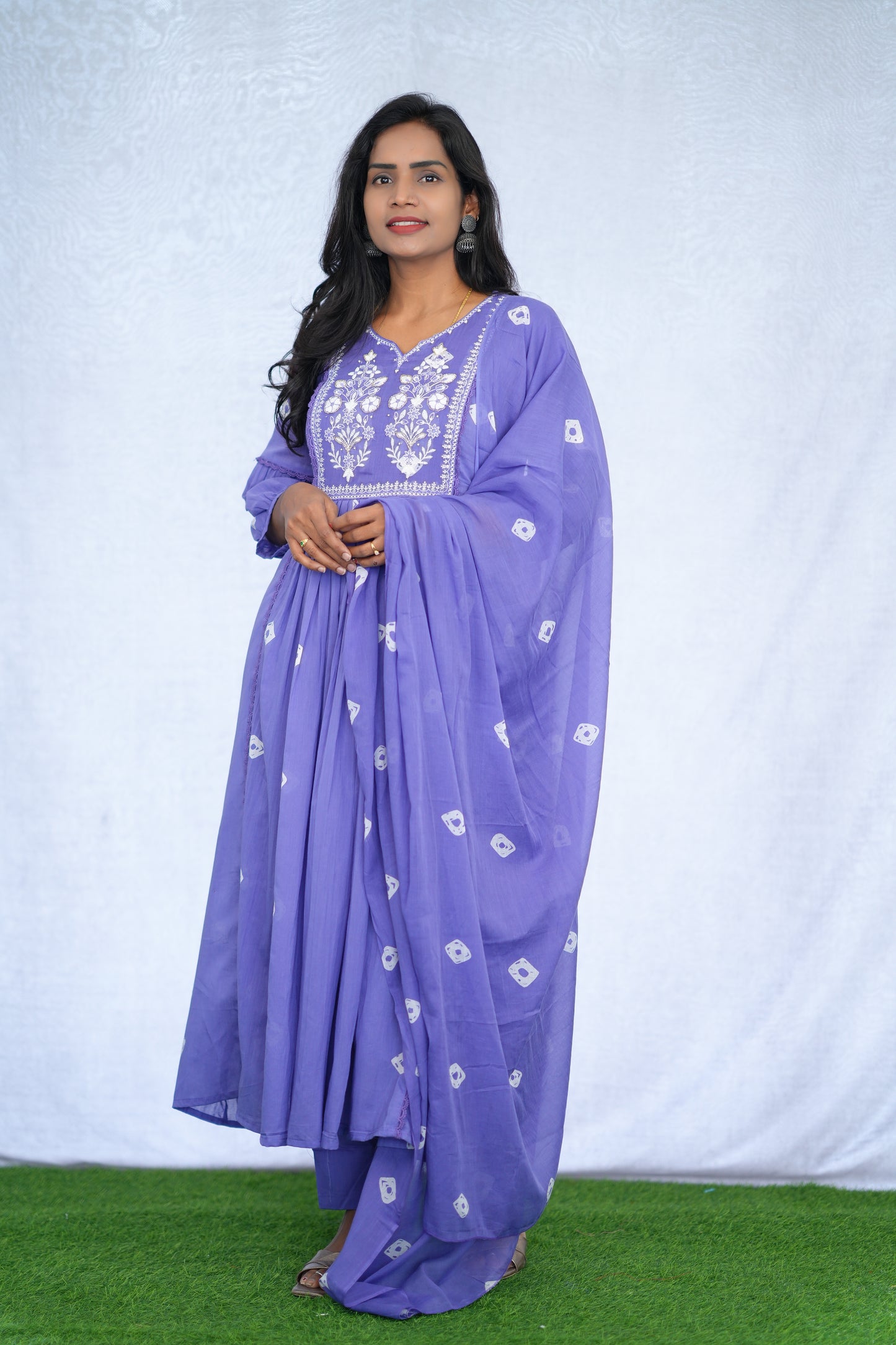 Lavender Color Mul cotton 3 Piece Set with embroidery work and complete lining