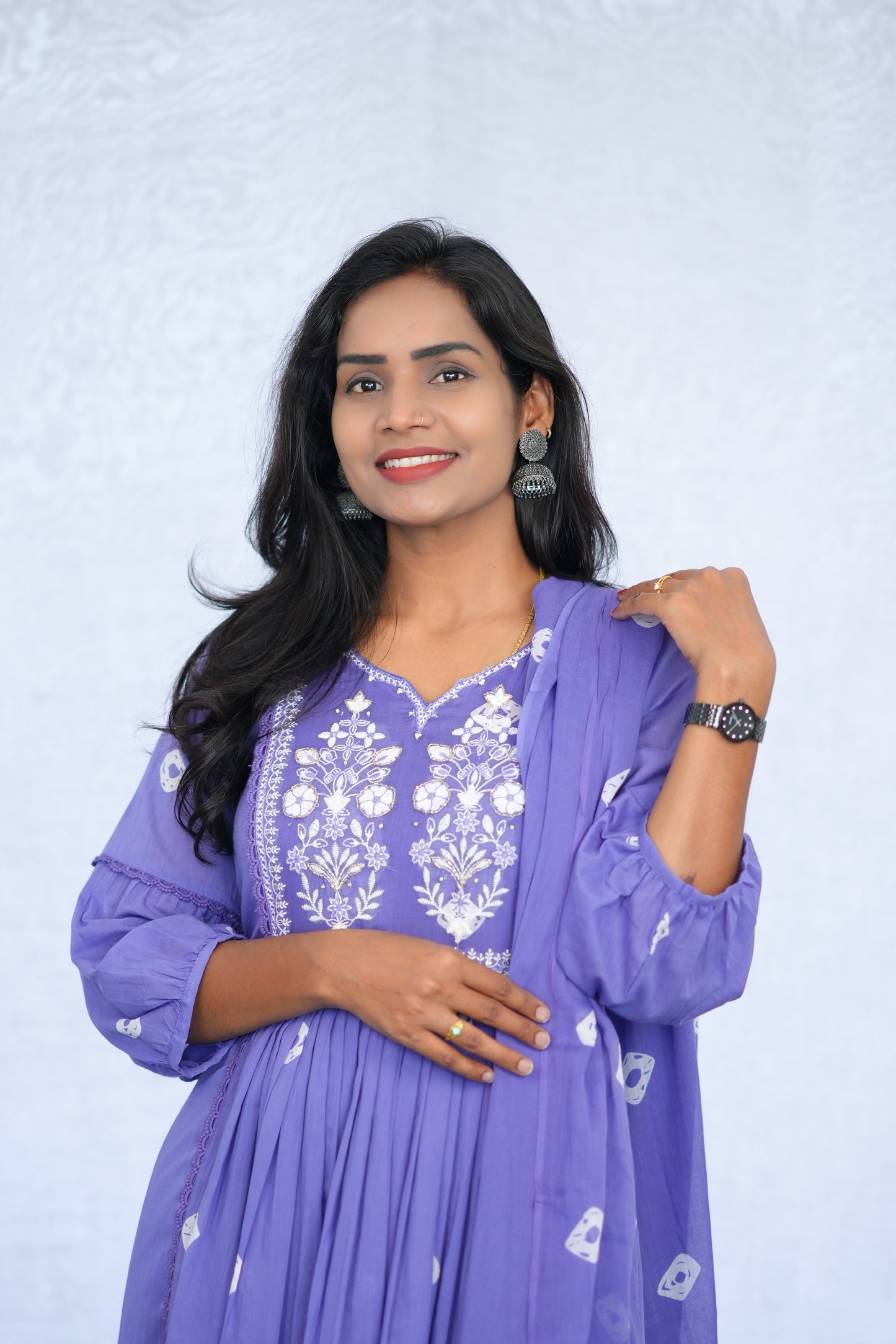 Lavender Color Mul cotton 3 Piece Set with embroidery work and complete lining