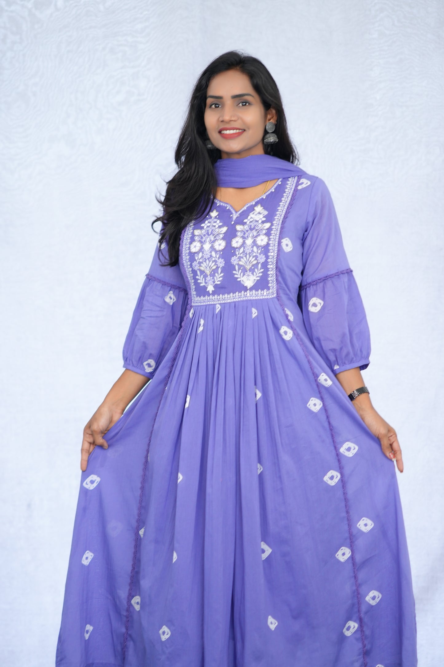 Lavender Color Mul cotton 3 Piece Set with embroidery work and complete lining